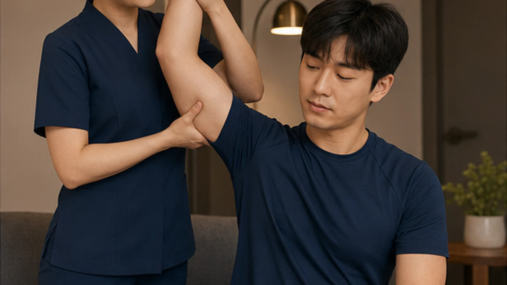 같은 성인 여성 테라피스트가 로컬 에디터 준호의 팔과 어깨를 안정적으로 보조해 스포츠 스트레칭하는 장면