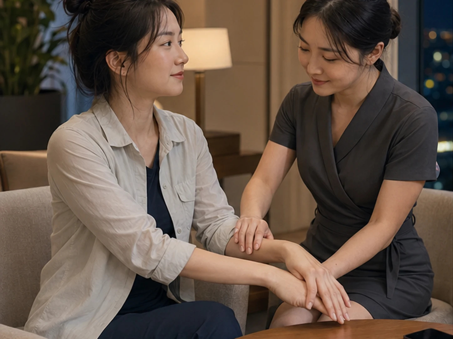 경기 구리 돌다리 숙소에서 같은 여성 관리사와 로컬 에디터 도하가 자세를 바꿔 손과 팔을 관리하는 장면