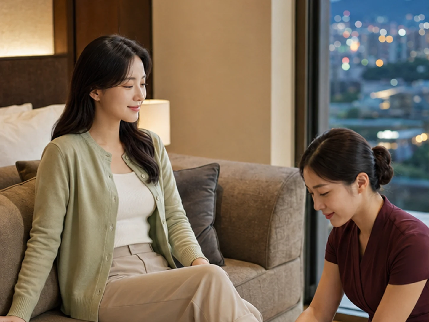 경남 창원 중앙동 숙소에서 같은 여성 관리사와 로컬 에디터 민서가 자세를 바꿔 종아리와 발목을 관리하는 장면