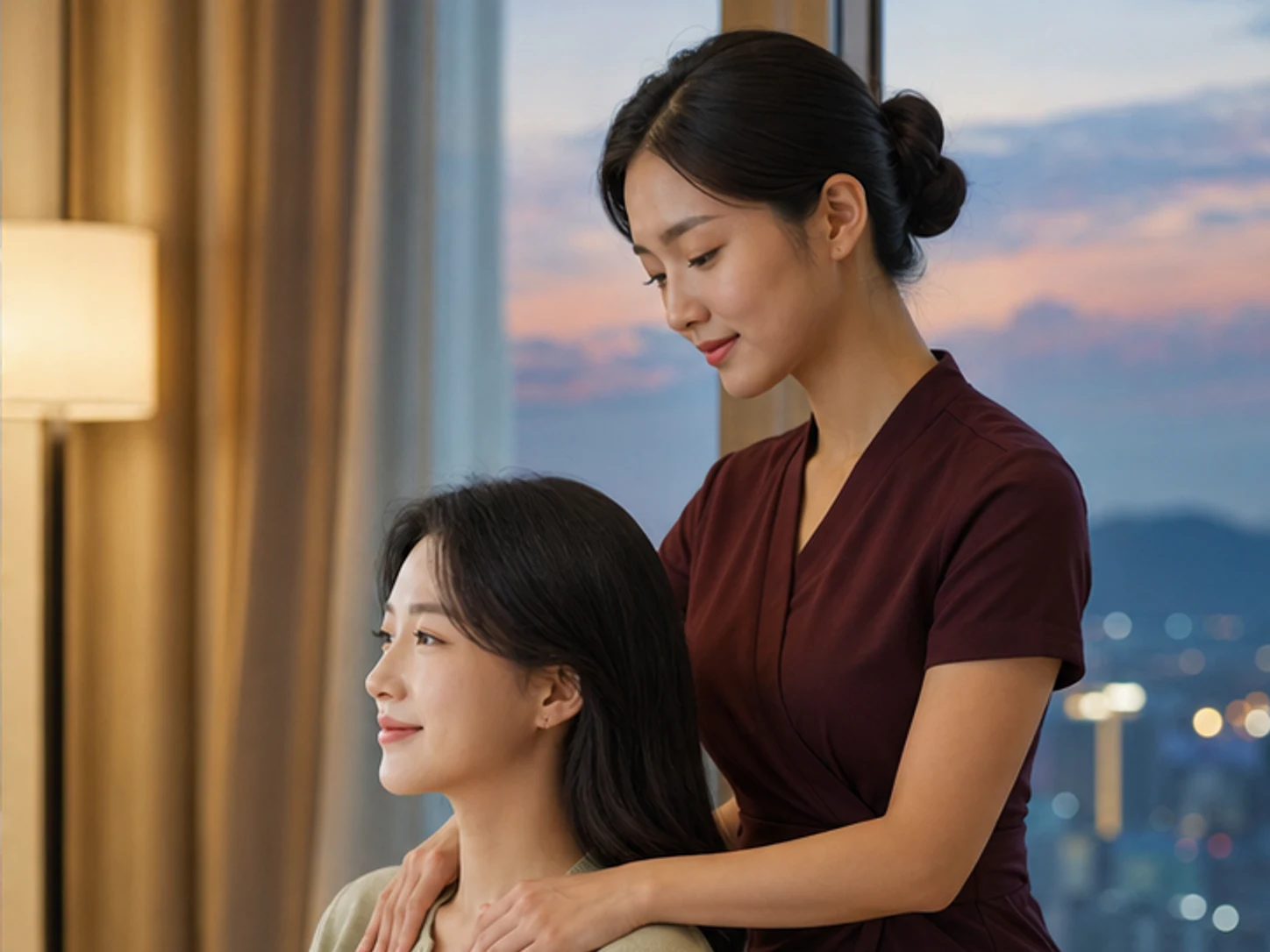 대구 동대구 동대구로 숙소에서 같은 여성 관리사와 로컬 에디터 민서가 자세를 바꿔 목과 어깨를 관리하는 장면