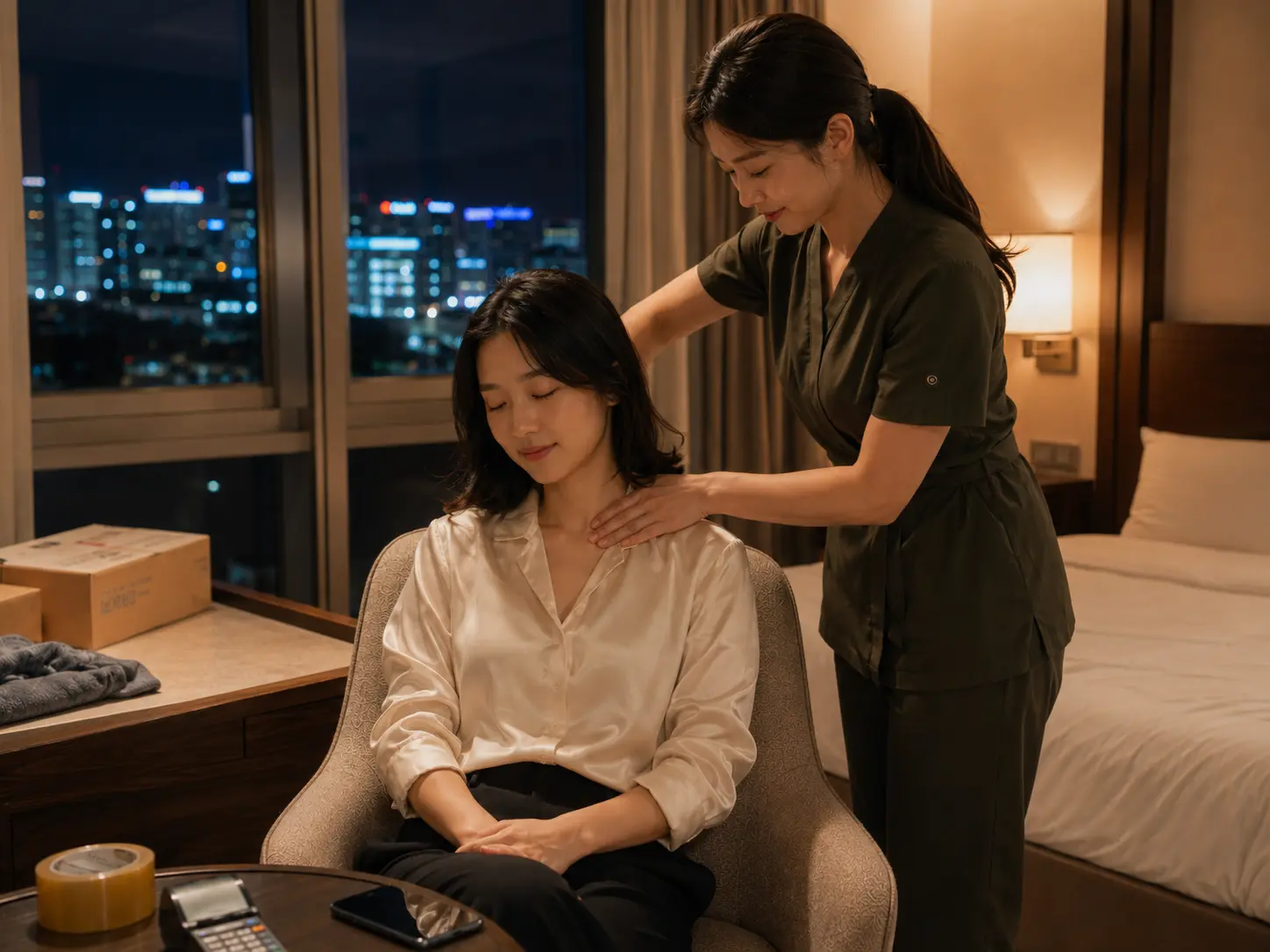 충남 천안 백석동 숙소에서 젊은 성인 여성 관리사가 로컬 에디터 지안의 목과 어깨를 부드럽게 관리하는 장면