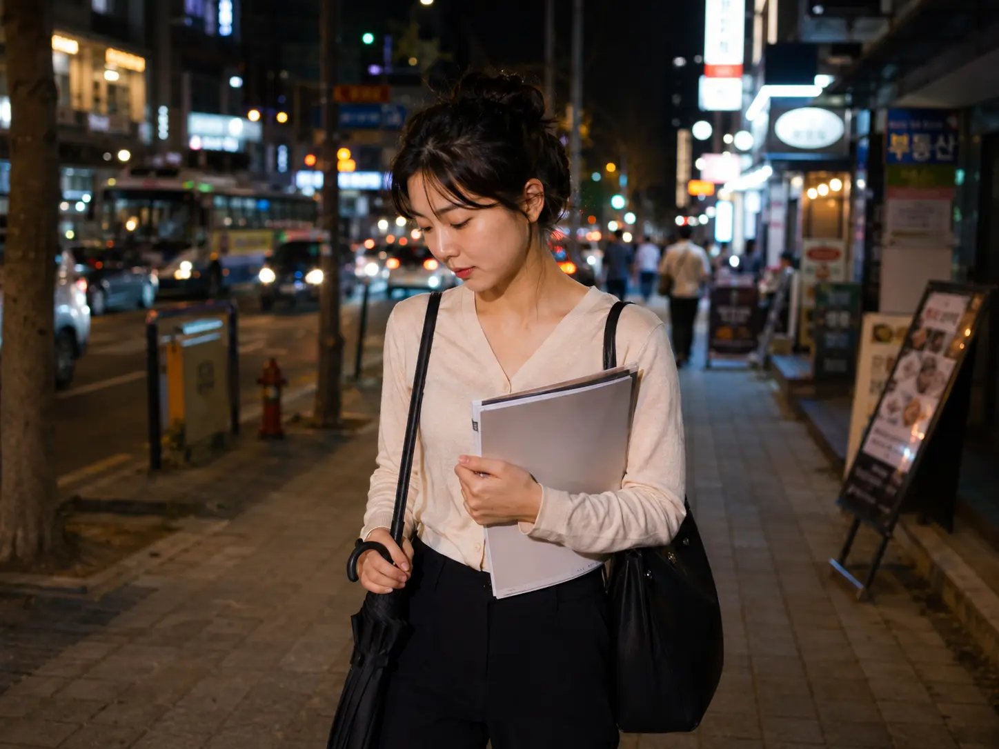 저녁의 충남 천안 불당동 거리에서 로컬 에디터 민서가 두정동 숙소로 이동하며 일정을 확인하는 장면
