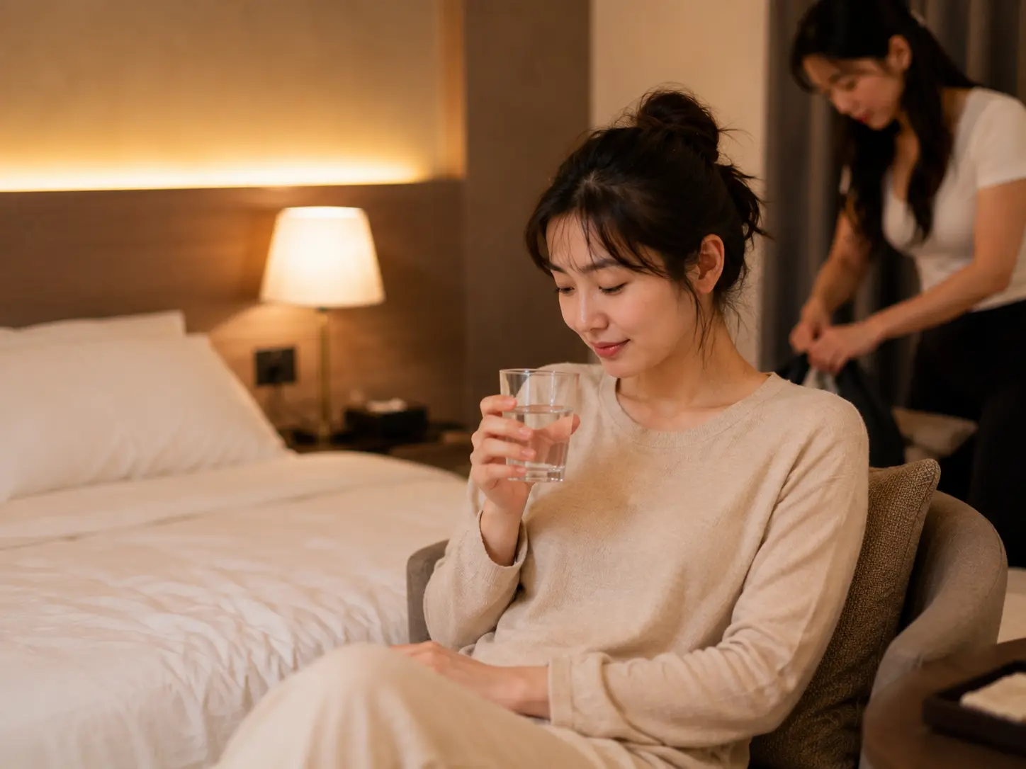충남 천안 두정동 숙소에서 목과 어깨 홈케어를 마친 로컬 에디터 민서가 물을 마시며 편안하게 쉬는 장면