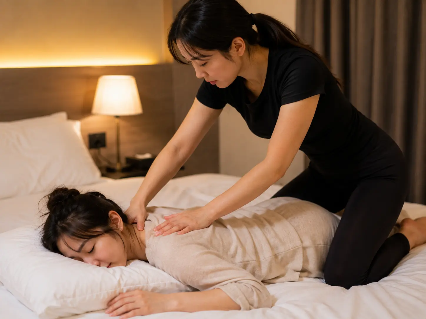 충남 천안 두정동 숙소에서 젊은 성인 여성 관리사가 로컬 에디터 민서의 목과 어깨를 부드럽게 관리하는 장면