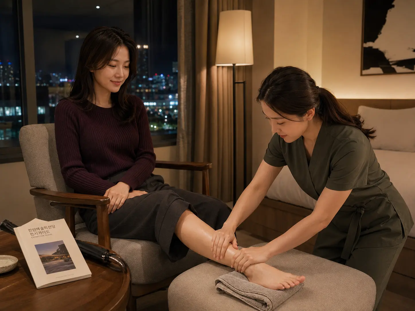 충남 천안 성성동 숙소에서 젊은 성인 여성 관리사가 로컬 에디터 서윤의 종아리와 발목을 부드럽게 관리하는 장면