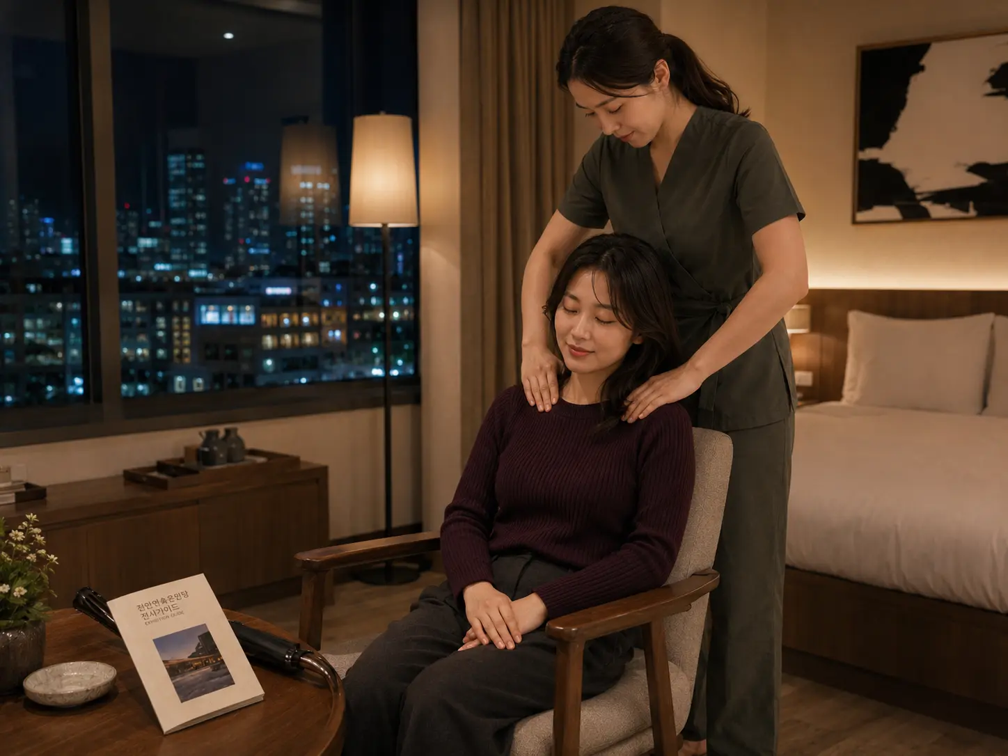 같은 충남 천안 성성동 숙소에서 같은 젊은 성인 여성 관리사가 로컬 에디터 서윤의 목과 어깨를 관리하는 장면