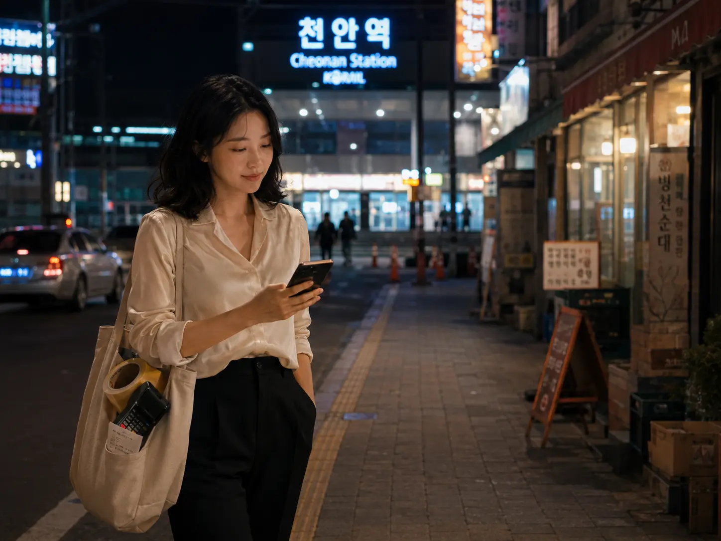 충남 천안 신부동과 두정동 일정을 마친 로컬 에디터 지안이 천안역 인근에서 백석동 숙소 이동 경로를 확인하는 장면