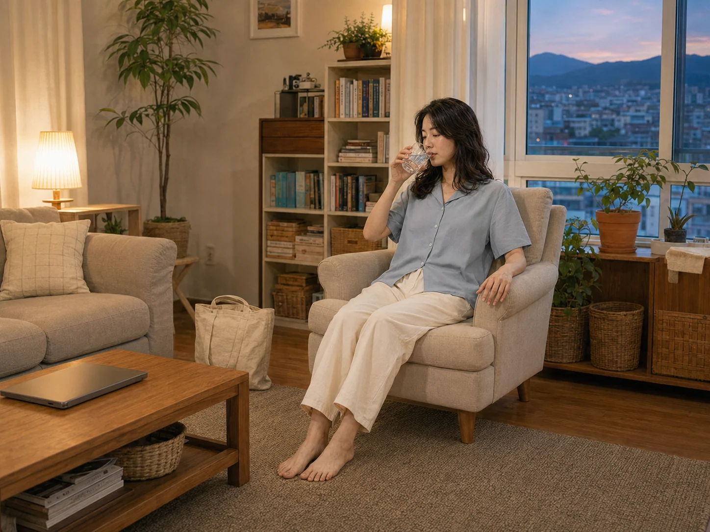 관리를 마친 윤서가 같은 호암동 자택 창가에서 시장 가방과 노트북을 닫아 두고 물을 마시며 쉬는 장면