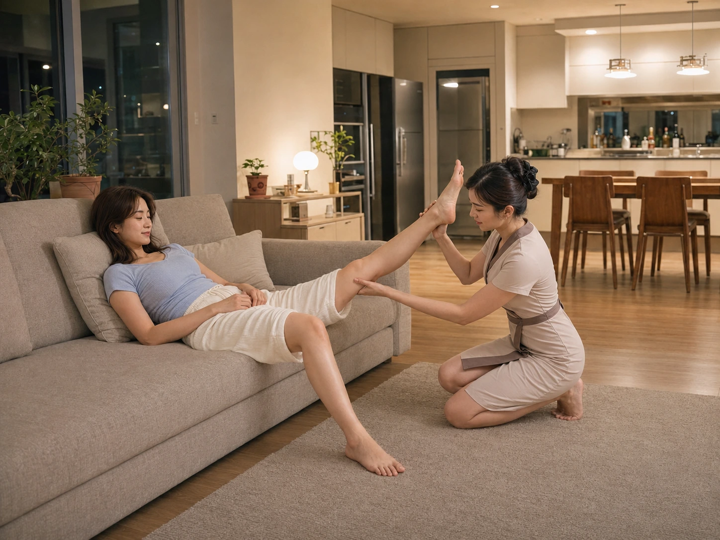 같은 연수동 거실에서 같은 치마형 랩 원피스 유니폼의 여성 관리사가 지우의 발목을 받치고 종아리와 허벅지 뒤쪽을 보조 스트레칭하는 넓은 구도의 장면