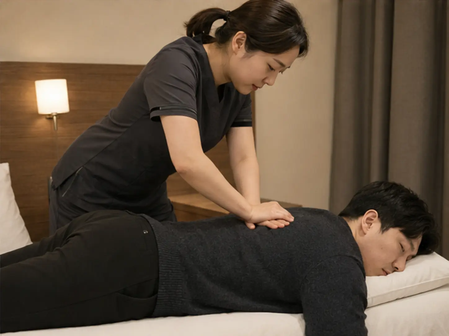 2025년 12월의 겨울, 위치·시간·원하는 압을 상담한 뒤 숙소에서 28세 여성 관리사 채린가 로컬 에디터 승호의 허리 주변과 등을 강한 압과 적극적인 동작으로 관리하는 장면