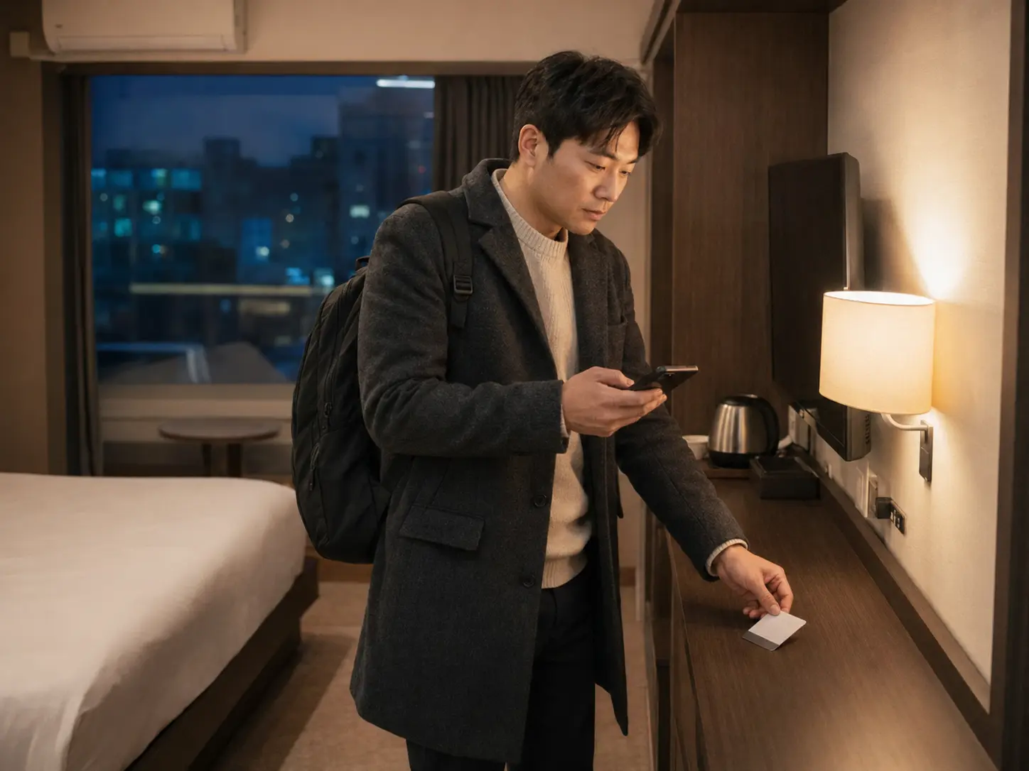 대전 · 대덕 객실에서 키카드와 휴대전화로 이동 일정을 확인하는 로컬 에디터 민재