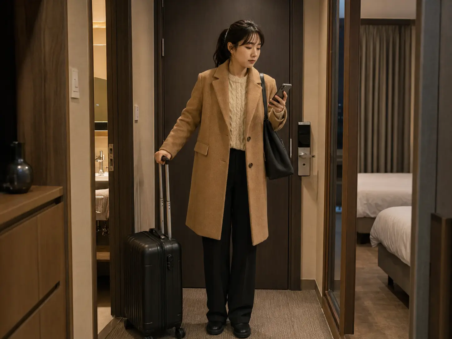 대전 · 대덕 숙소 출입구에서 휴대전화로 객실과 출입 정보를 확인하는 로컬 에디터 예림