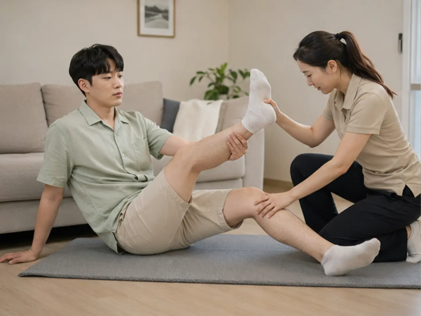 2026년 7월의 여름, 숙소 출입 정보를 확인한 뒤 숙소에서 26세 여성 관리사 서현가 로컬 에디터 동현의 종아리와 허벅지 뒤쪽을 강한 압과 적극적인 동작으로 관리하는 장면