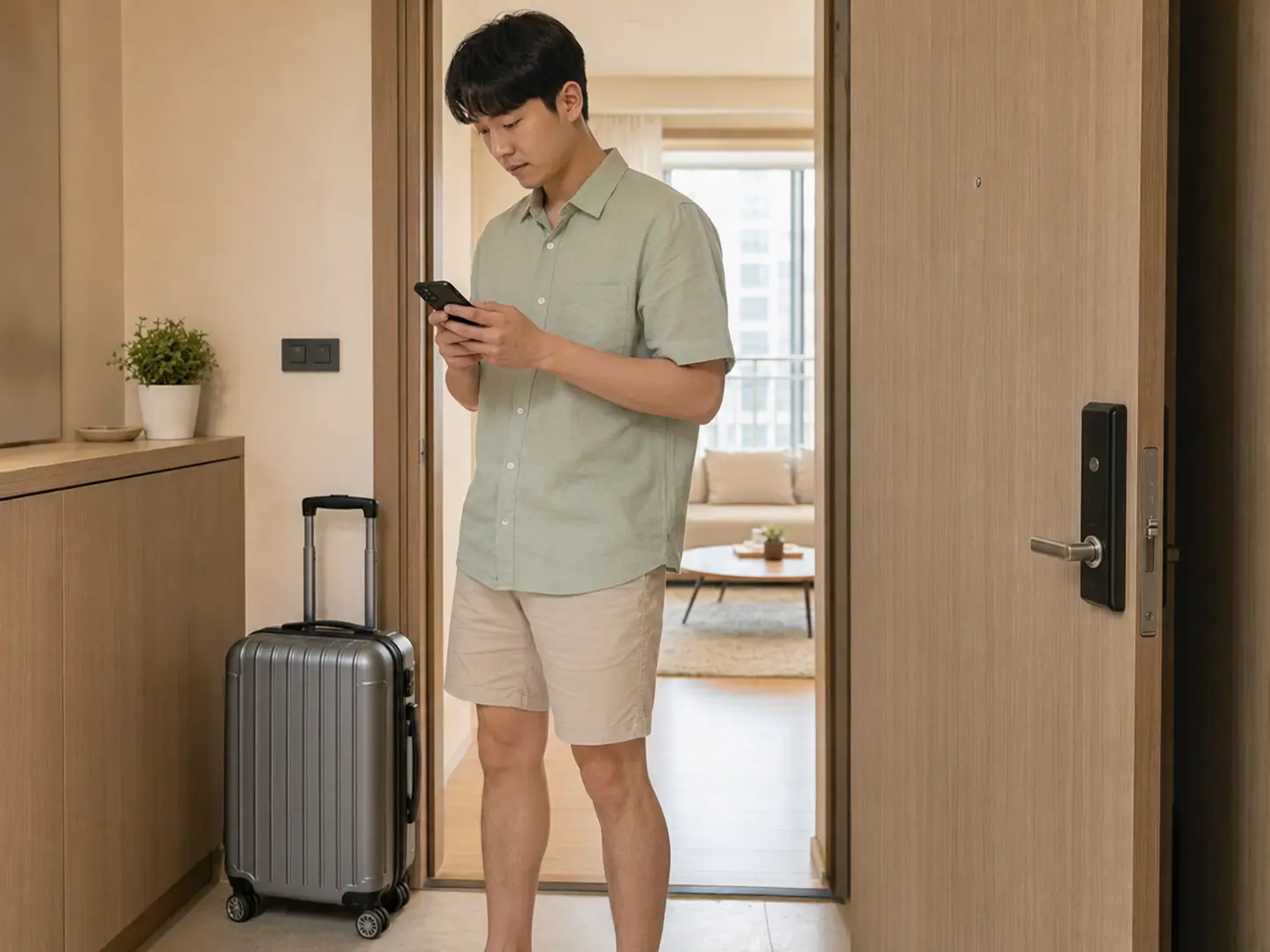 대전 · 도안 숙소 출입구에서 휴대전화로 객실과 출입 정보를 확인하는 로컬 에디터 동현