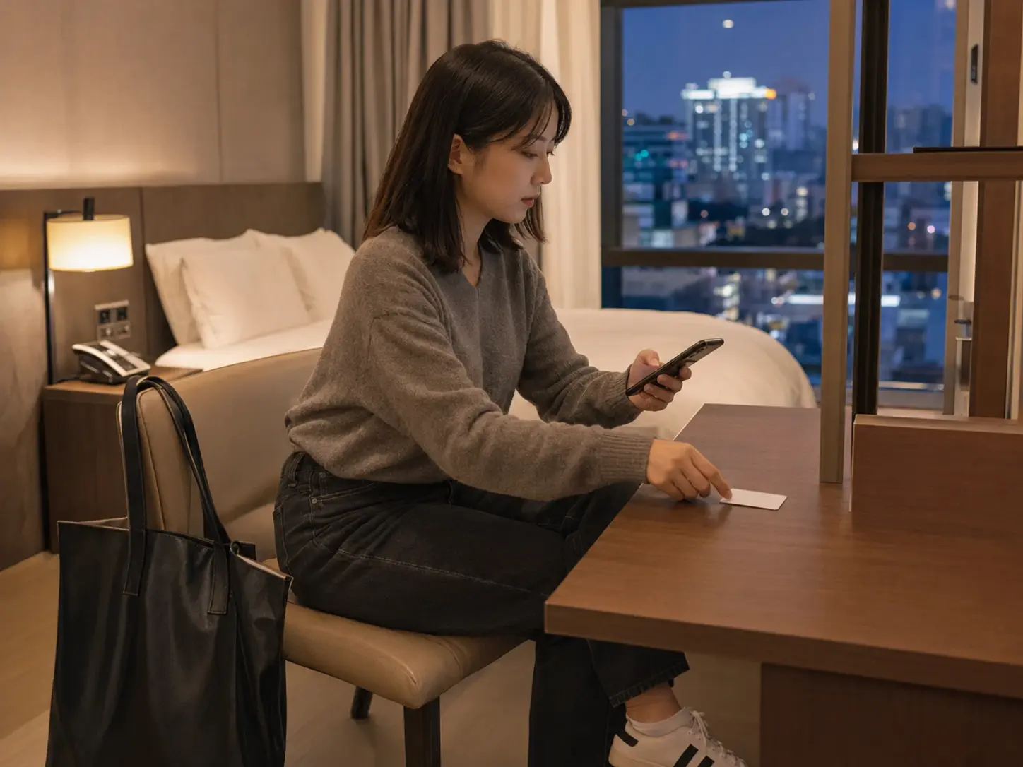 대전 · 둔산동 객실에서 키카드와 휴대전화로 이동 일정을 확인하는 로컬 에디터 지안