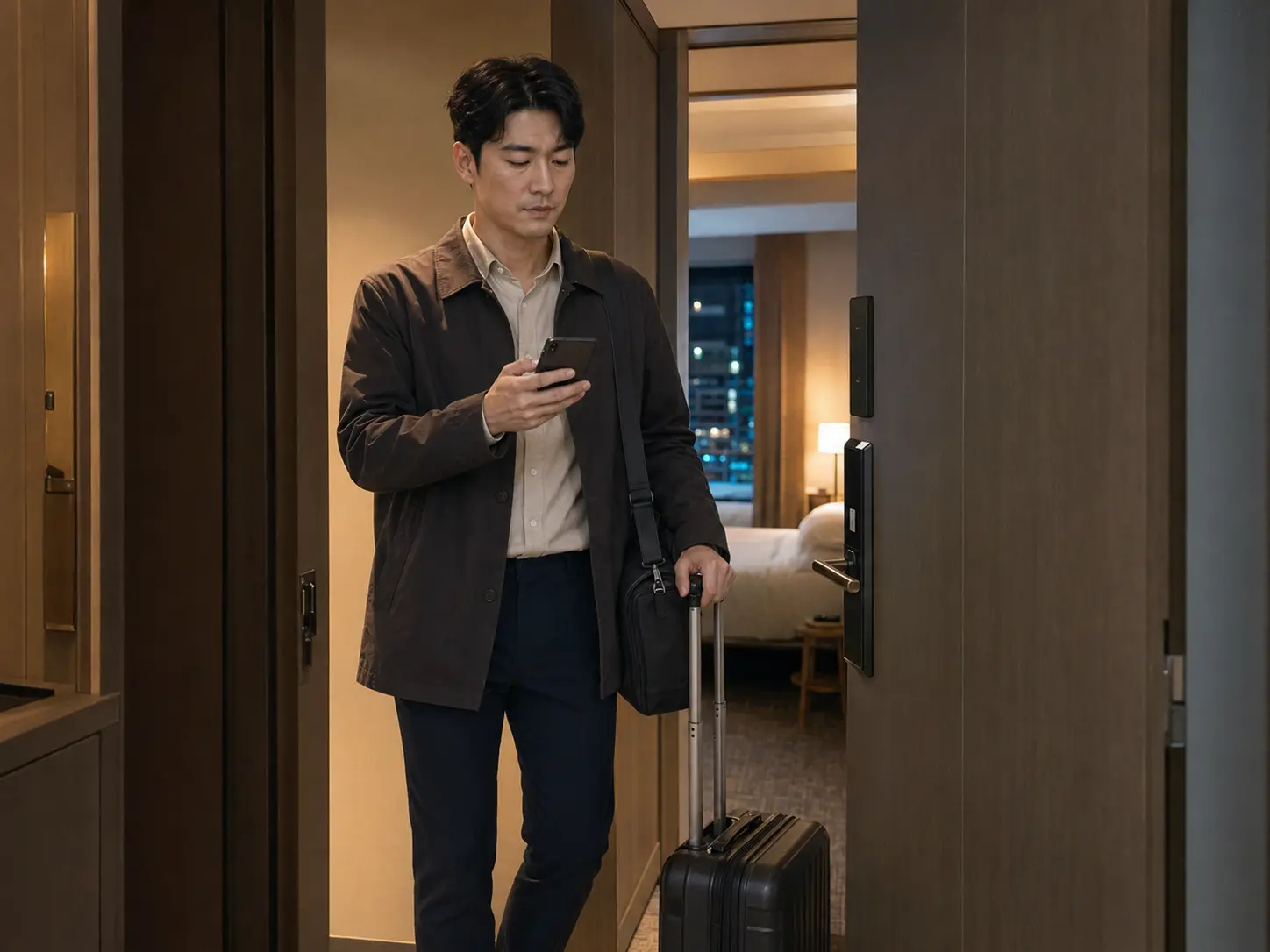 대전 · 둔산동 숙소 출입구에서 휴대전화로 객실과 출입 정보를 확인하는 로컬 에디터 민석