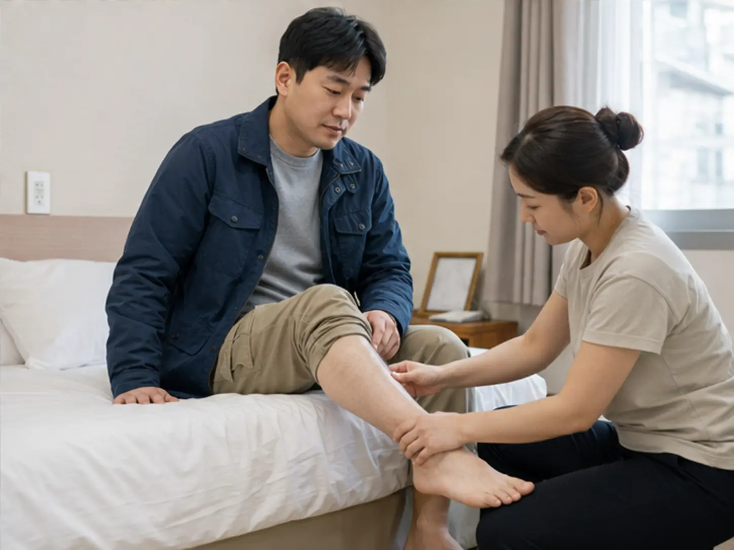 2024년 10월의 가을, 위치·시간·원하는 압을 상담한 뒤 숙소에서 29세 여성 관리사 보라가 로컬 에디터 재민의 종아리와 발목을 강한 압과 적극적인 동작으로 관리하는 장면