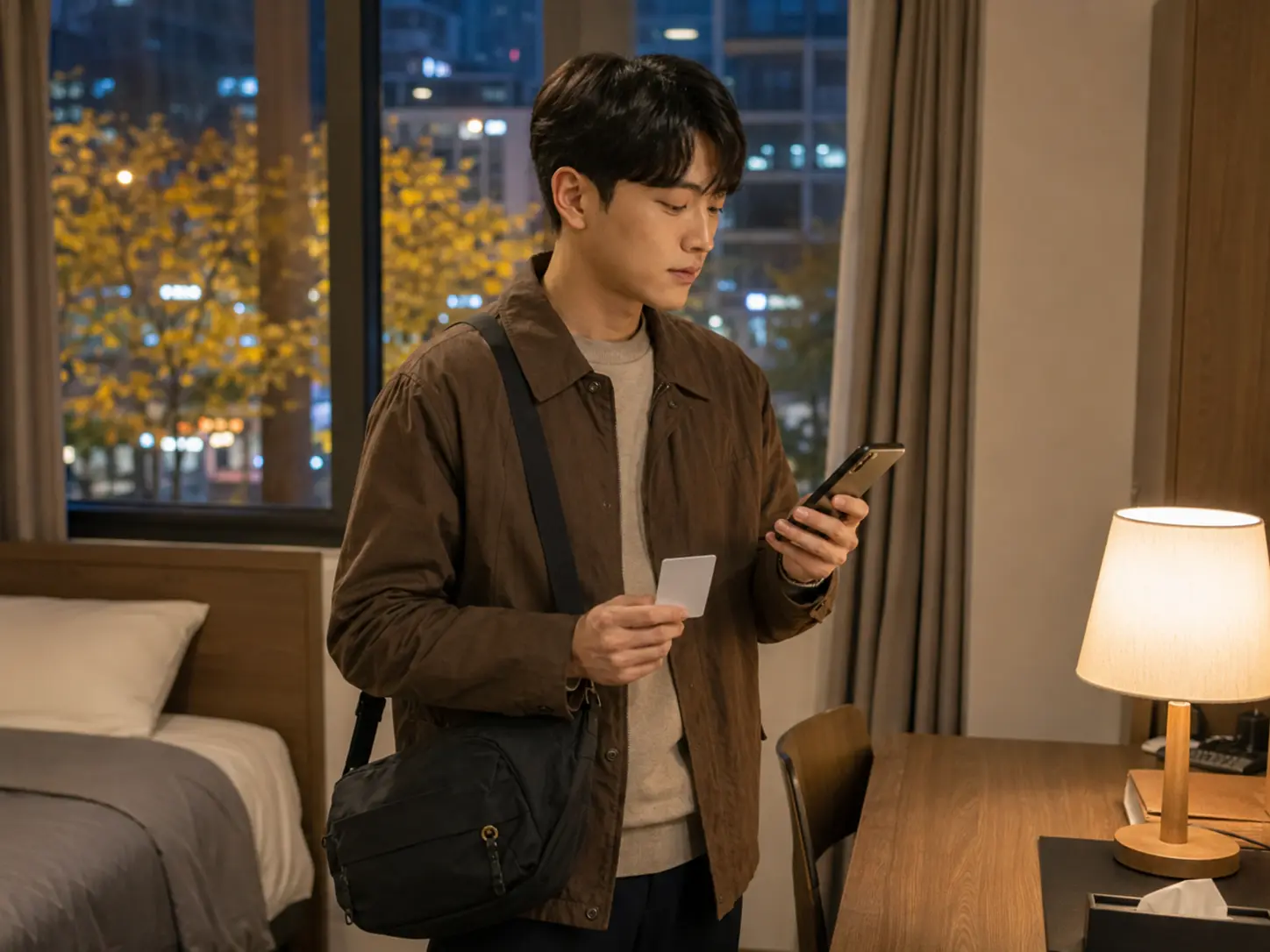 대전 · 은행동 객실에서 키카드와 휴대전화로 이동 일정을 확인하는 로컬 에디터 준호
