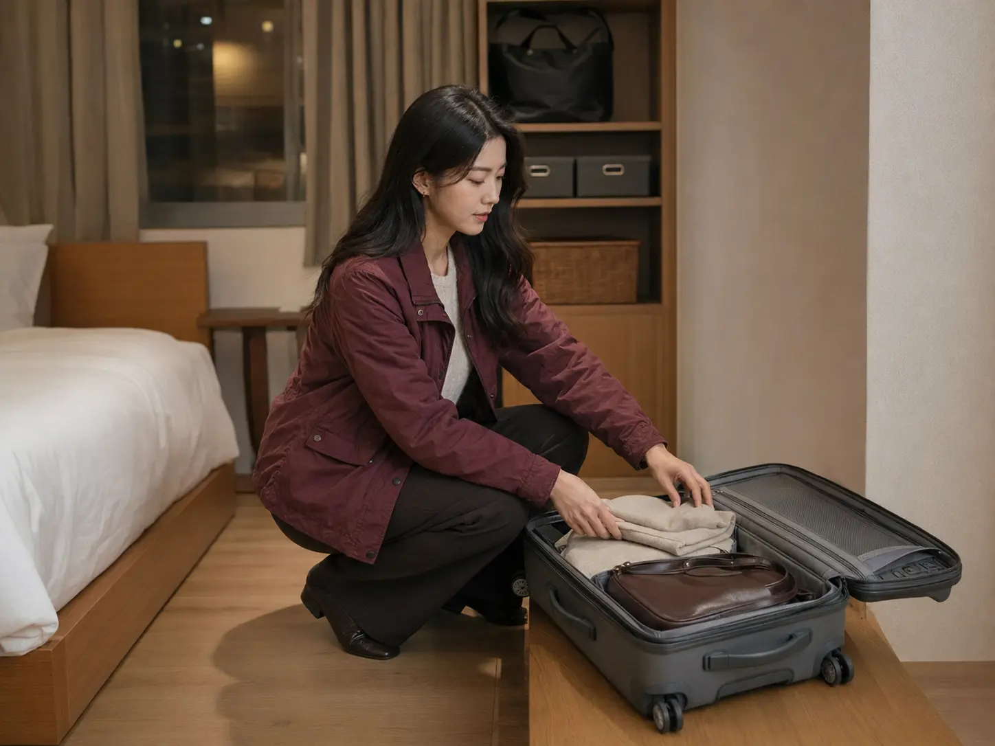 대전 · 은행동 숙소에서 가방을 정리하고 관리 공간을 비우는 로컬 에디터 하진