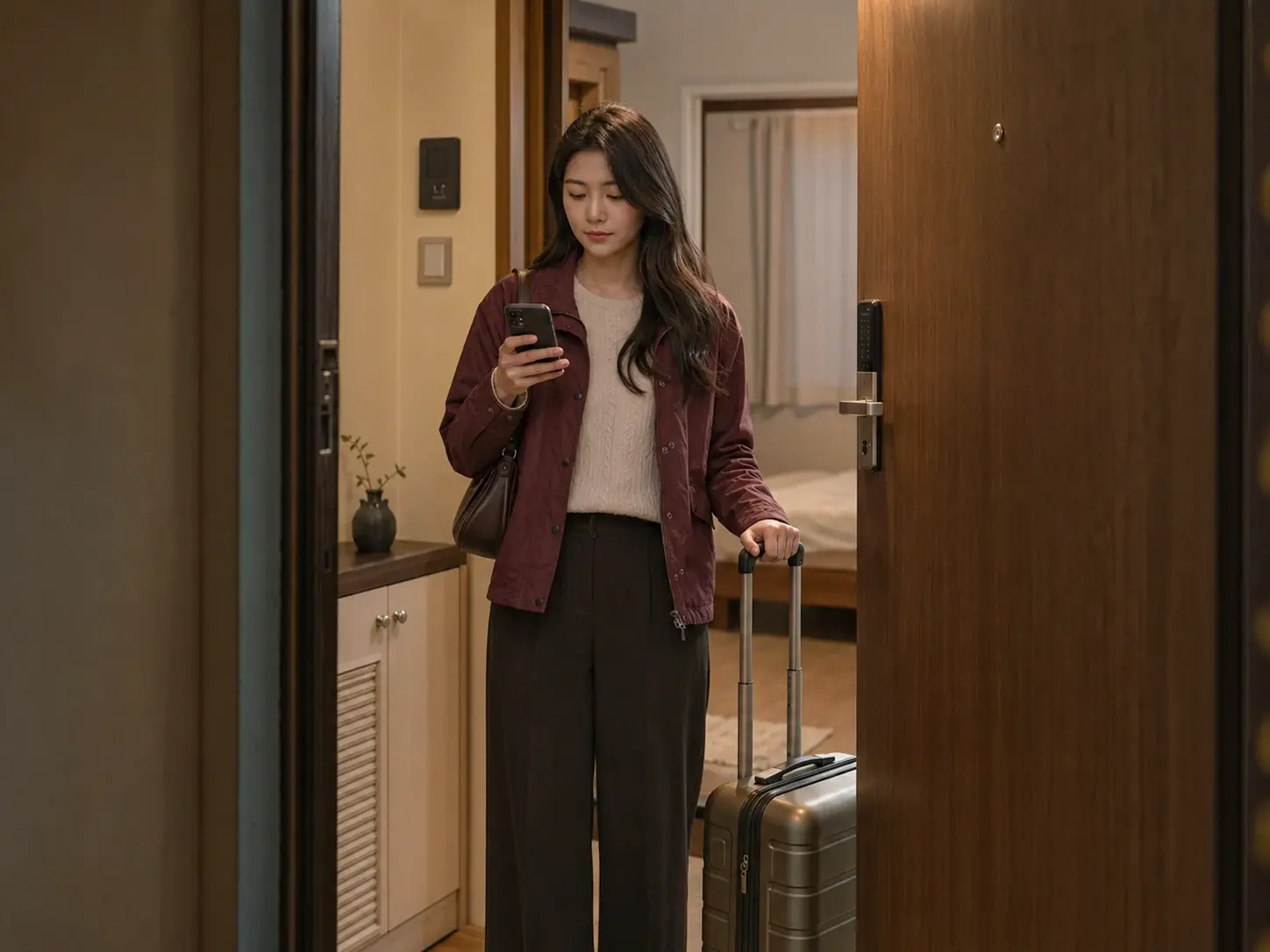 대전 · 은행동 숙소 출입구에서 휴대전화로 객실과 출입 정보를 확인하는 로컬 에디터 하진