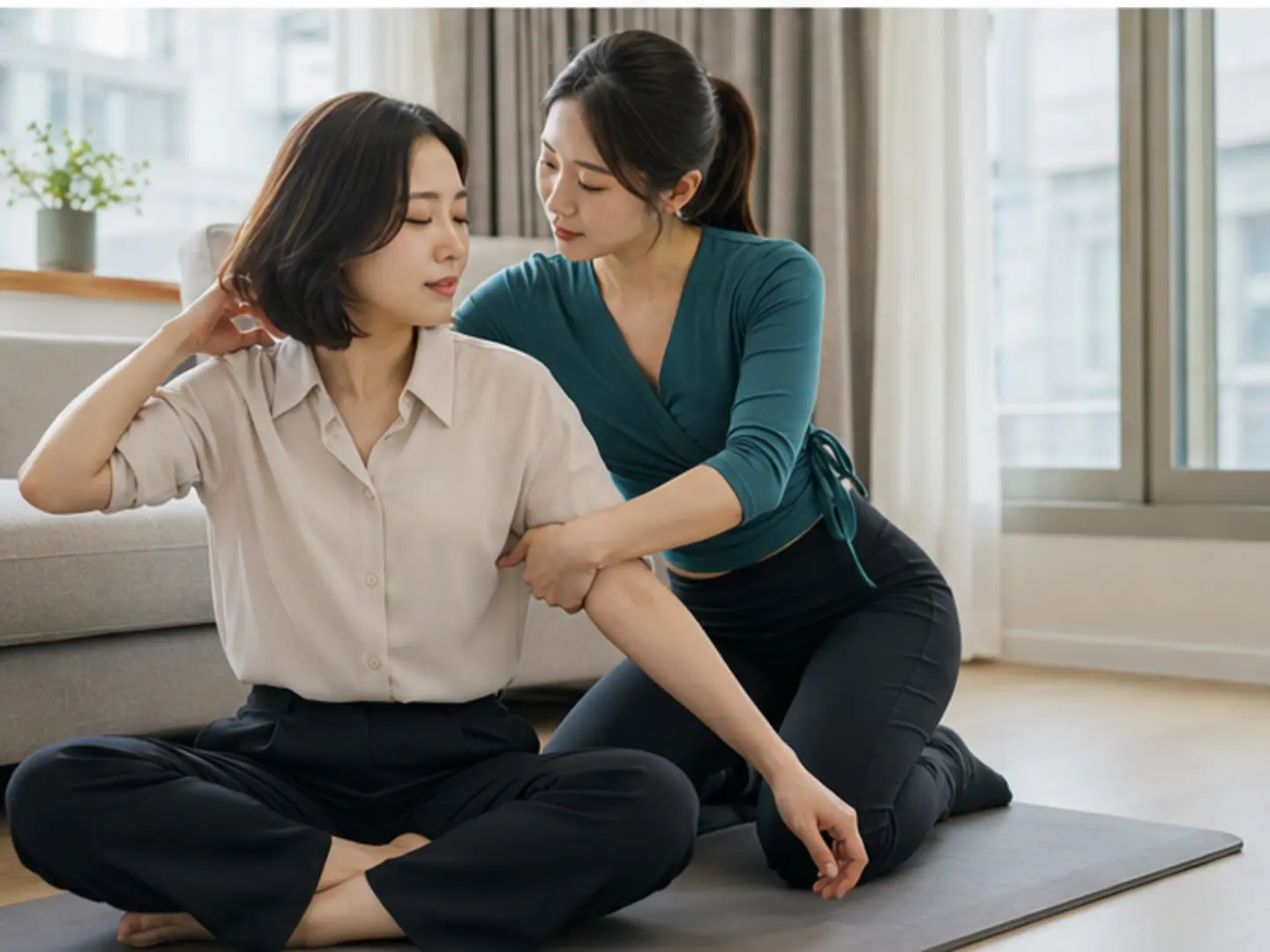 2025년 4월의 봄, 이동 일정을 마친 뒤 숙소에서 27세 여성 관리사 유리가 로컬 에디터 서진의 팔·전완과 어깨을 강한 압과 적극적인 동작으로 관리하는 장면
