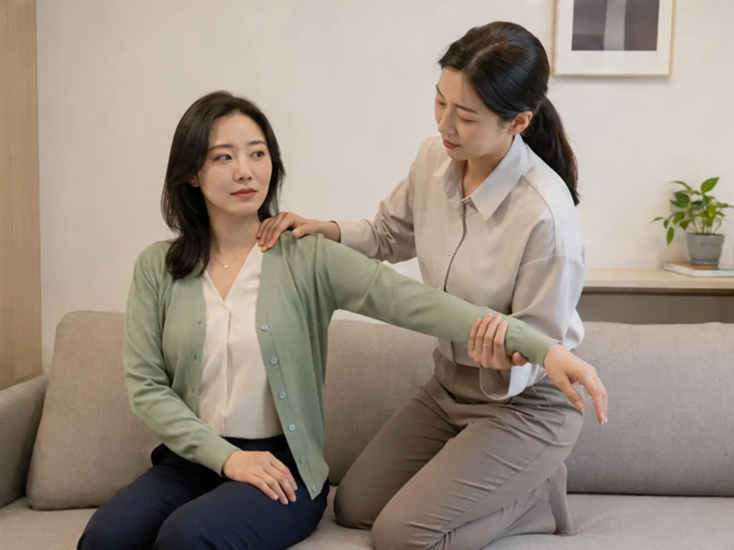 2025년 4월의 봄, 위치·시간·원하는 압을 상담한 뒤 숙소에서 27세 여성 관리사 가영가 로컬 에디터 유리의 팔·전완과 어깨을 강한 압과 적극적인 동작으로 관리하는 장면