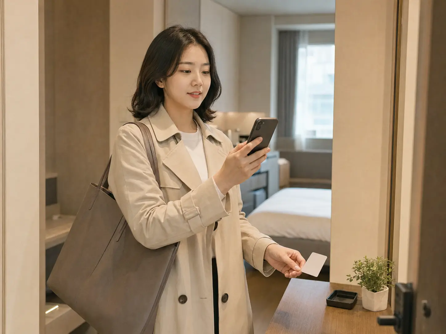 대전 · 관평동 객실에서 키카드와 휴대전화로 이동 일정을 확인하는 로컬 에디터 서진