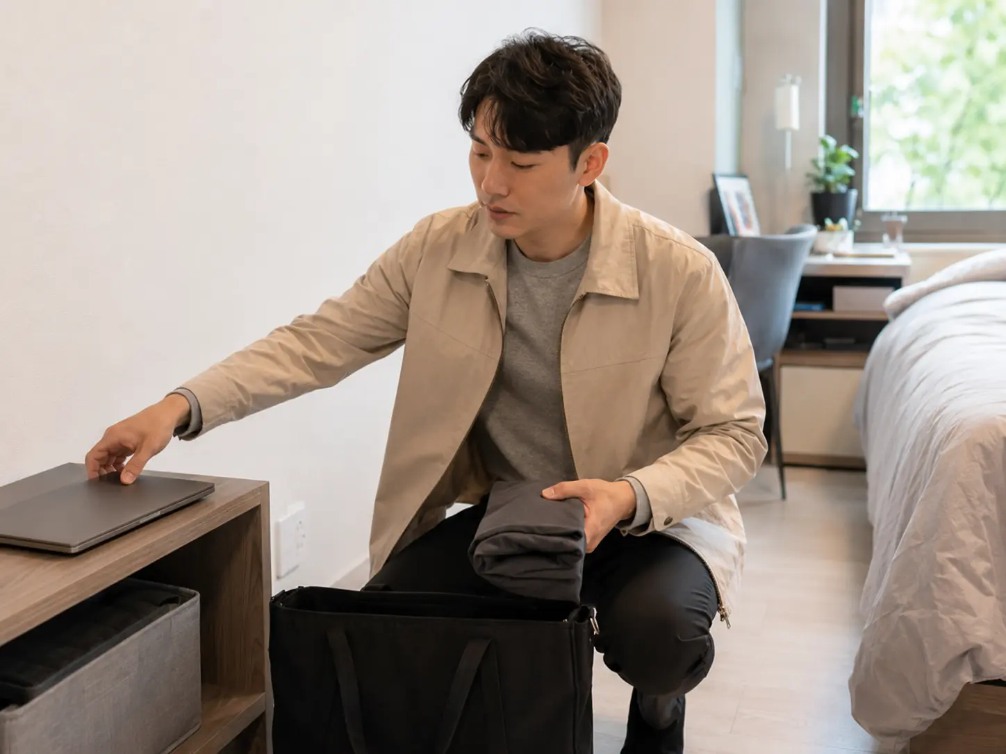 대전 · 관평동 숙소에서 가방을 정리하고 관리 공간을 비우는 로컬 에디터 태경