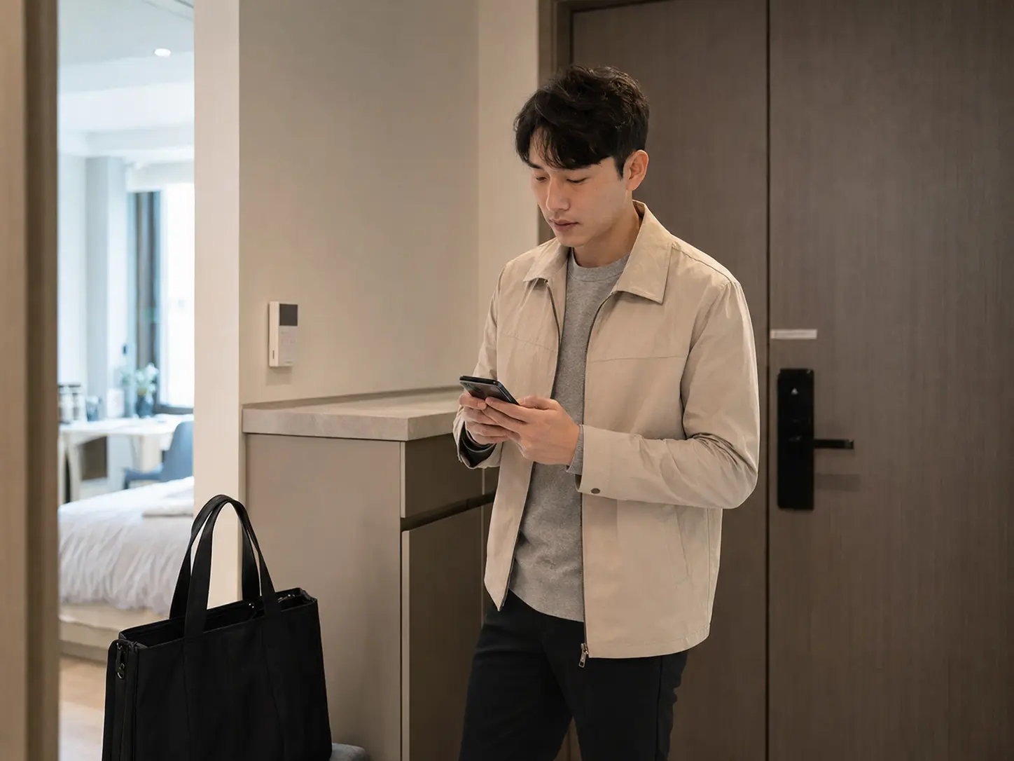 대전 · 관평동 숙소 출입구에서 휴대전화로 객실과 출입 정보를 확인하는 로컬 에디터 태경