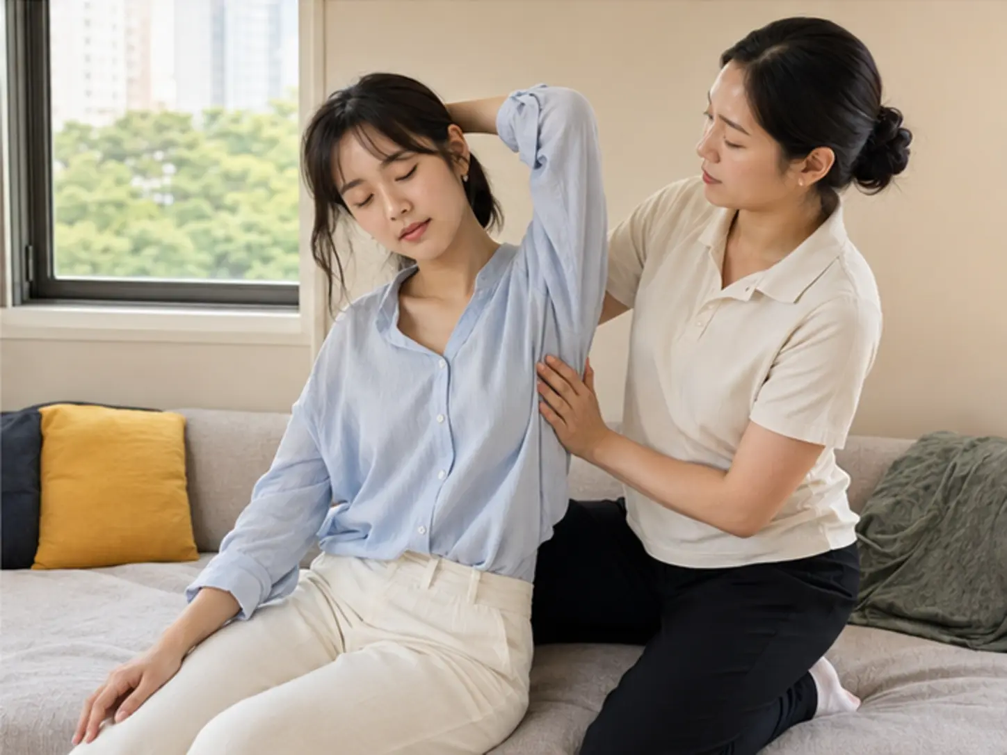 2024년 8월의 여름, 위치·시간·원하는 압을 상담한 뒤 숙소에서 28세 여성 관리사 아영가 로컬 에디터 세린의 등과 옆구리 주변을 강한 압과 적극적인 동작으로 관리하는 장면