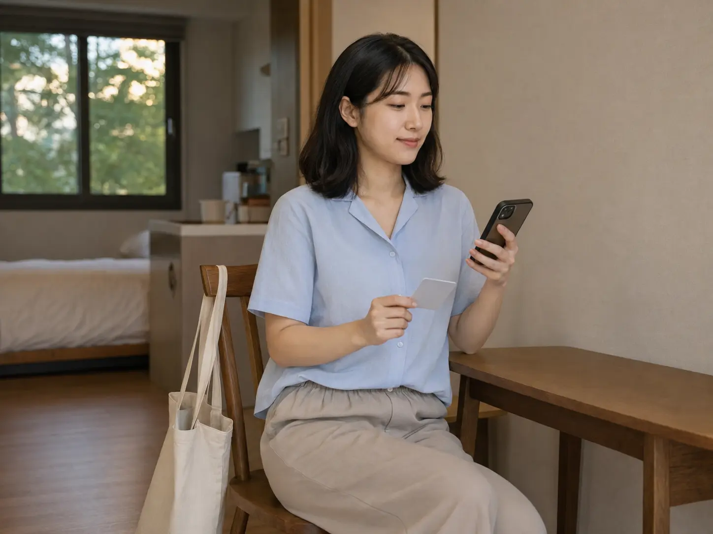 대전 · 월평동 객실에서 키카드와 휴대전화로 이동 일정을 확인하는 로컬 에디터 유진