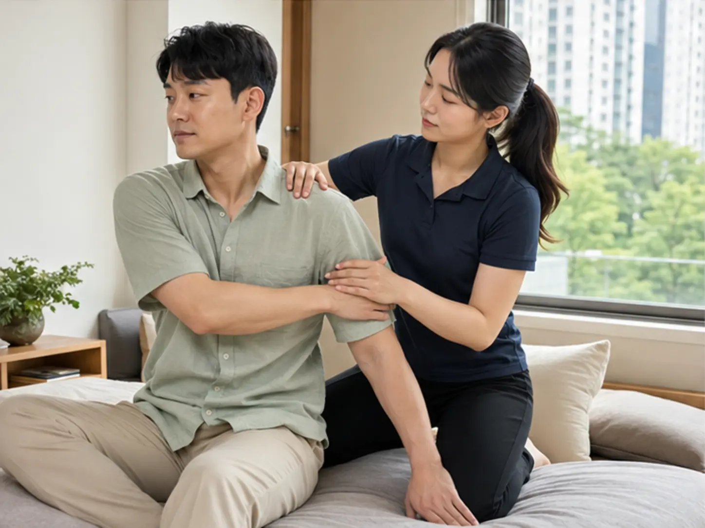 2024년 8월의 여름, 숙소 출입 정보를 확인한 뒤 숙소에서 25세 여성 관리사 은채가 로컬 에디터 현준의 등과 옆구리 주변을 강한 압과 적극적인 동작으로 관리하는 장면