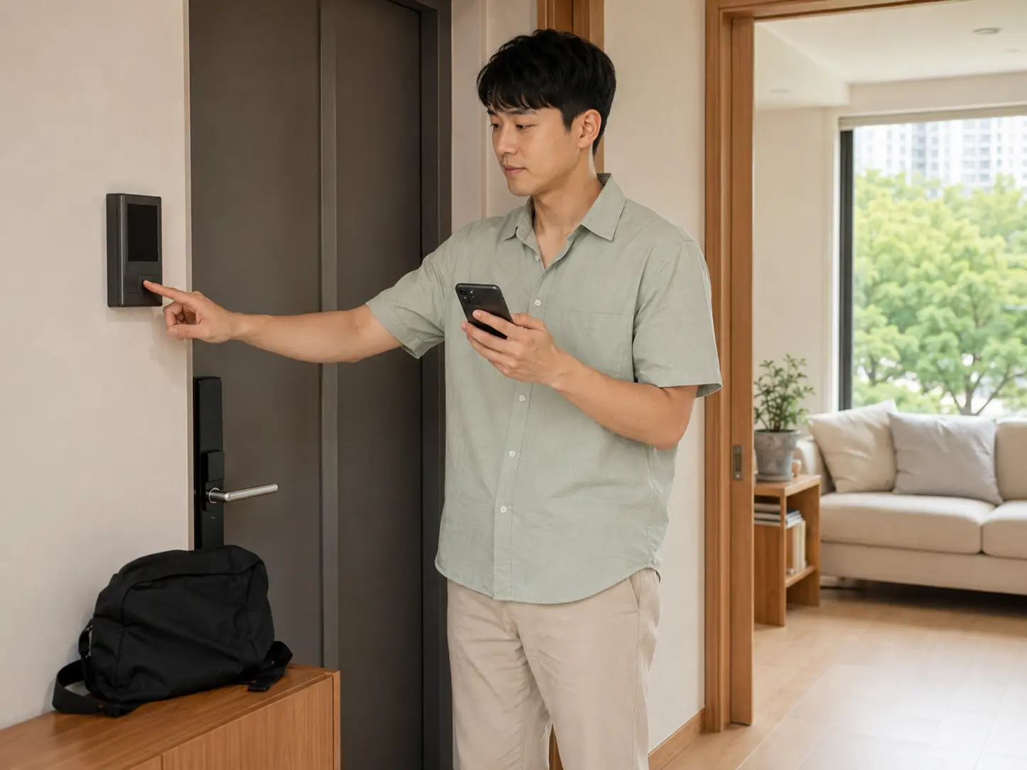 대전 · 월평동 숙소 출입구에서 휴대전화로 객실과 출입 정보를 확인하는 로컬 에디터 현준