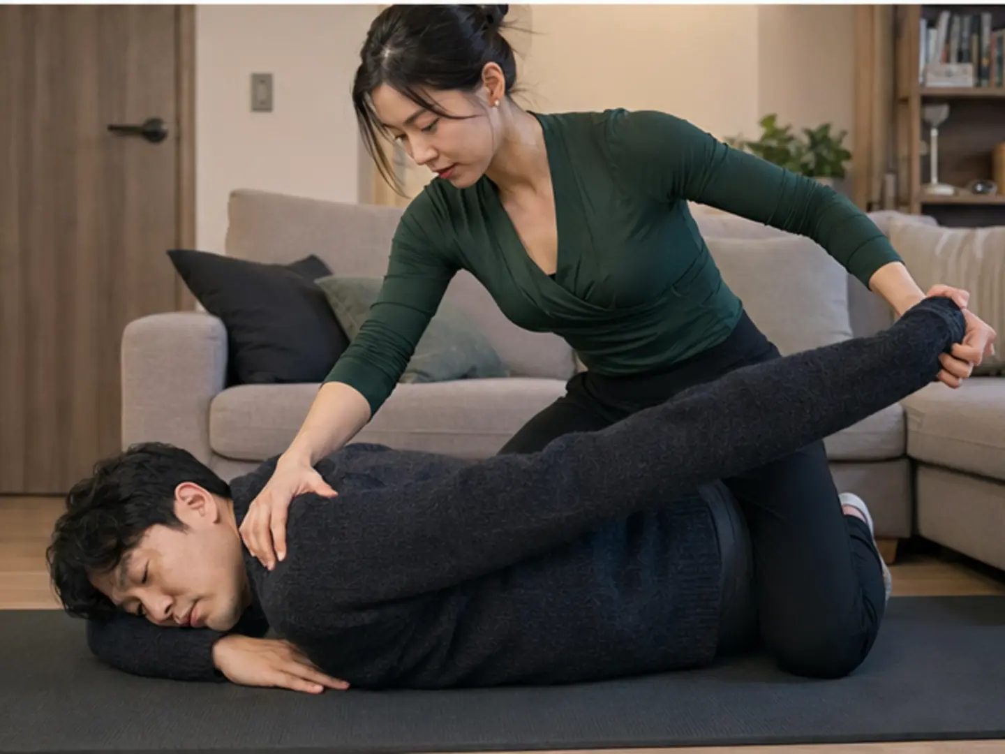 2024년 12월의 겨울, 이동 일정을 마친 뒤 숙소에서 28세 여성 관리사 민서가 로컬 에디터 도윤의 어깨와 팔을 강한 압과 적극적인 동작으로 관리하는 장면