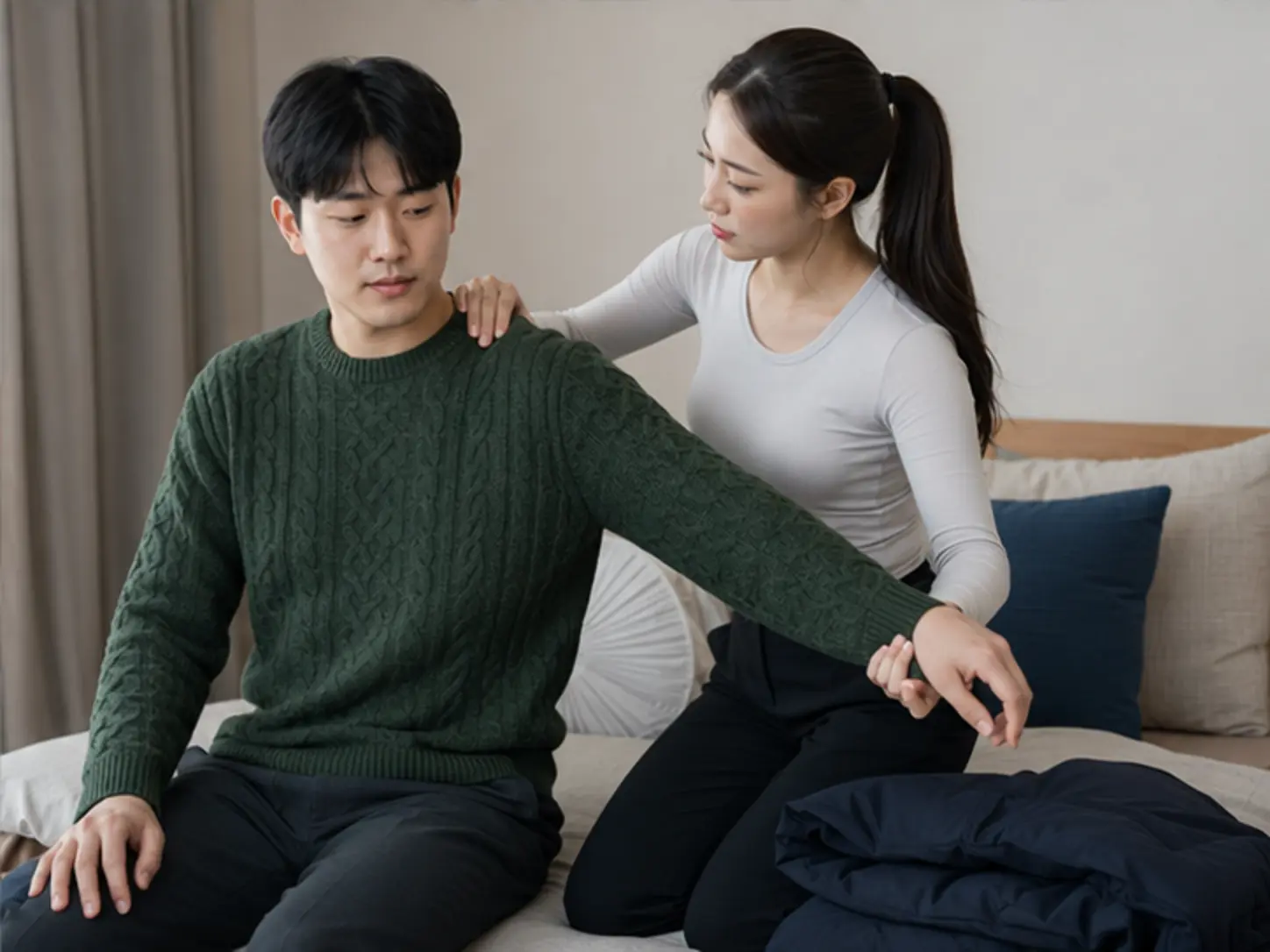 2024년 12월의 겨울, 위치·시간·원하는 압을 상담한 뒤 숙소에서 24세 여성 관리사 다인가 로컬 에디터 준서의 어깨와 팔을 강한 압과 적극적인 동작으로 관리하는 장면