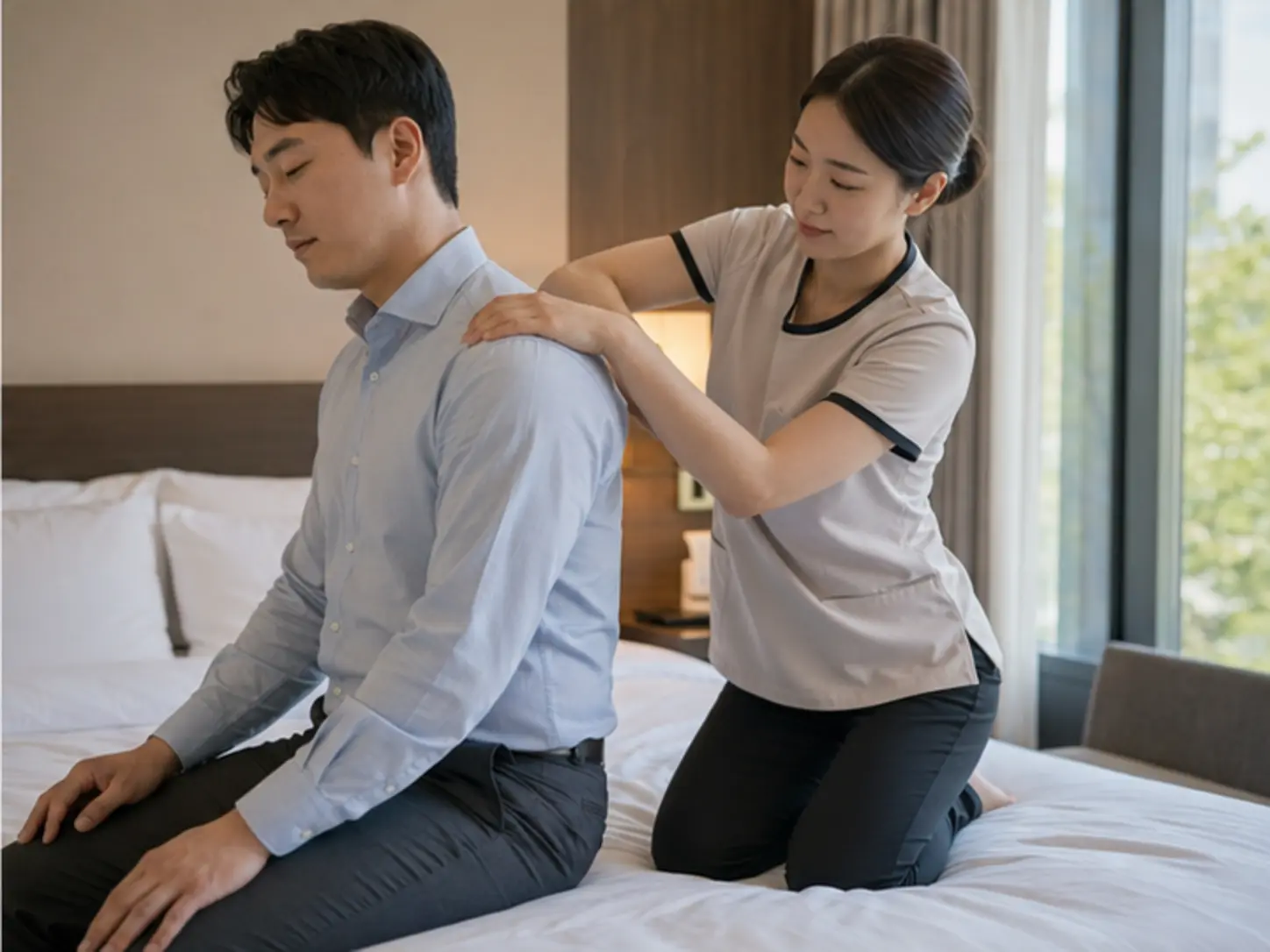 2026년 5월의 봄, 위치·시간·원하는 압을 상담한 뒤 숙소에서 29세 여성 관리사 유나가 로컬 에디터 정우의 목·어깨와 등 위쪽을 강한 압과 적극적인 동작으로 관리하는 장면