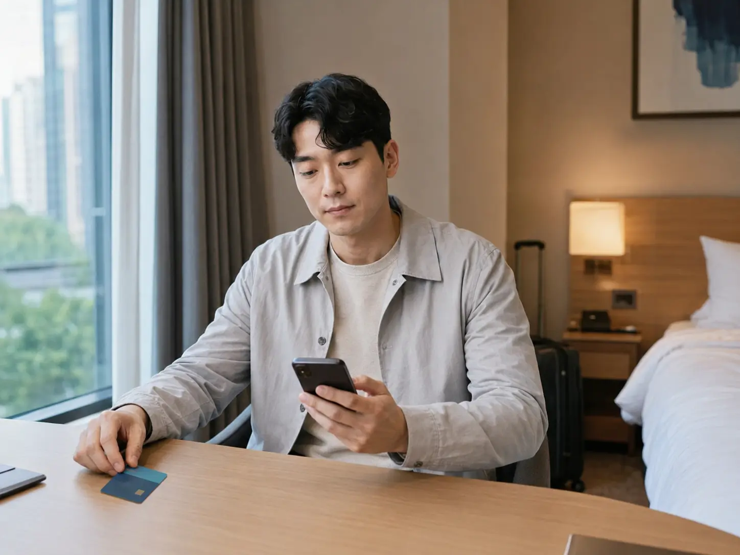 대전 · 유성 객실에서 키카드와 휴대전화로 이동 일정을 확인하는 로컬 에디터 현우