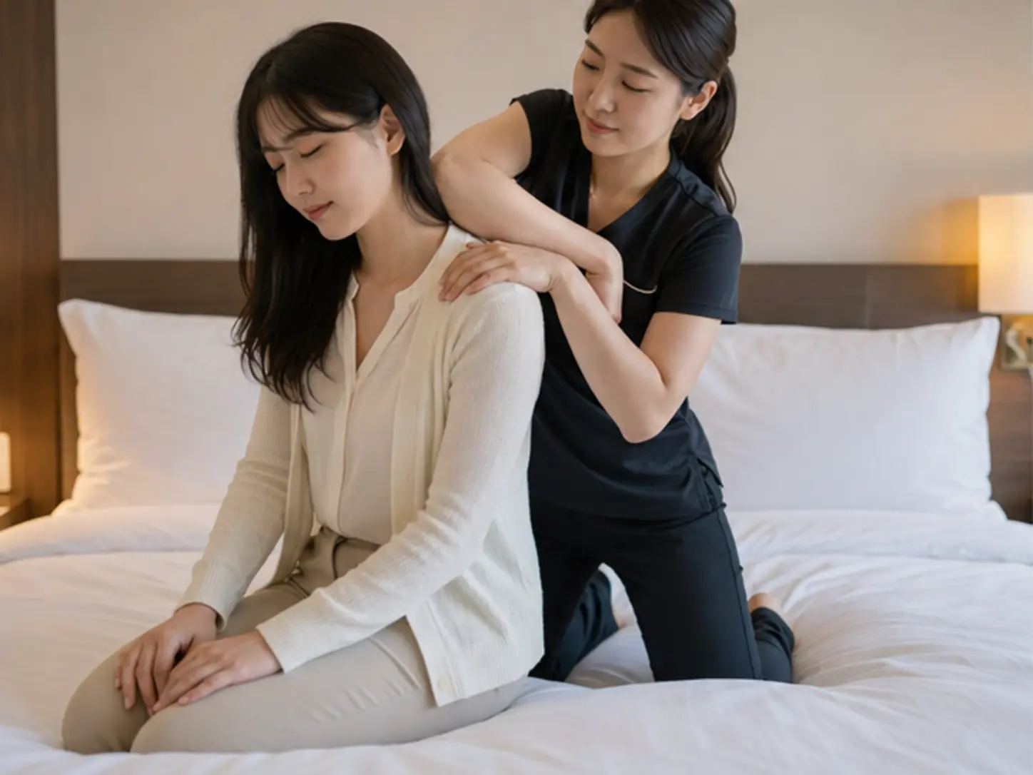2026년 5월의 봄, 숙소 출입 정보를 확인한 뒤 숙소에서 24세 여성 관리사 다연가 로컬 에디터 은지의 목·어깨와 등 위쪽을 강한 압과 적극적인 동작으로 관리하는 장면