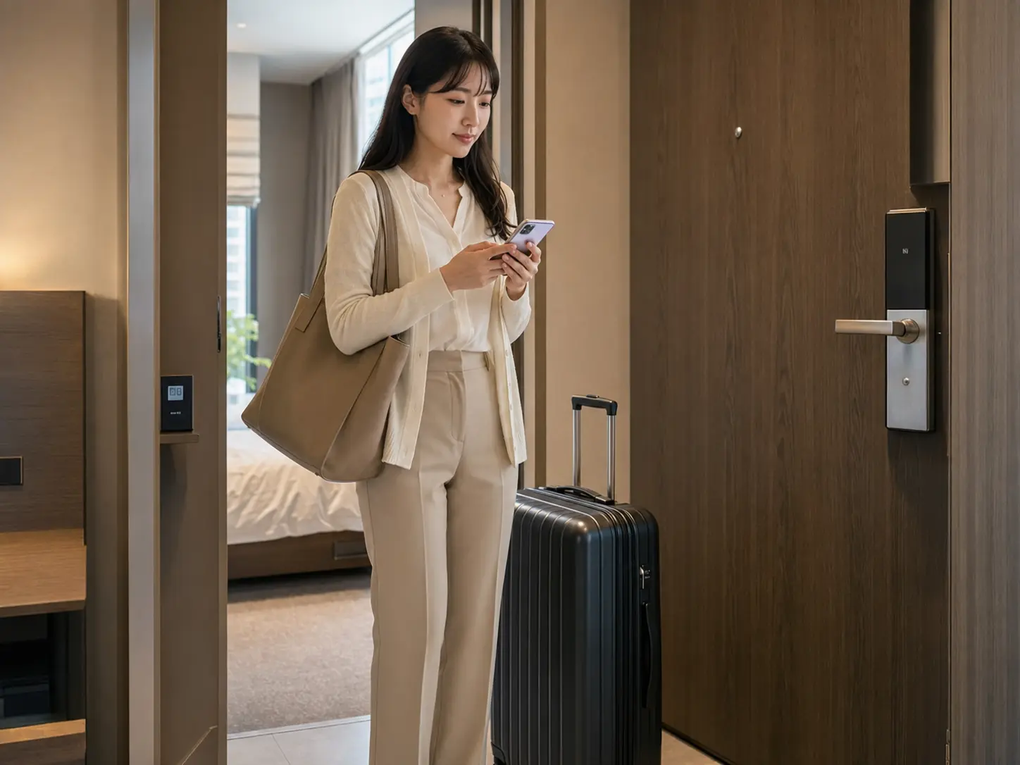 대전 · 유성 숙소 출입구에서 휴대전화로 객실과 출입 정보를 확인하는 로컬 에디터 은지