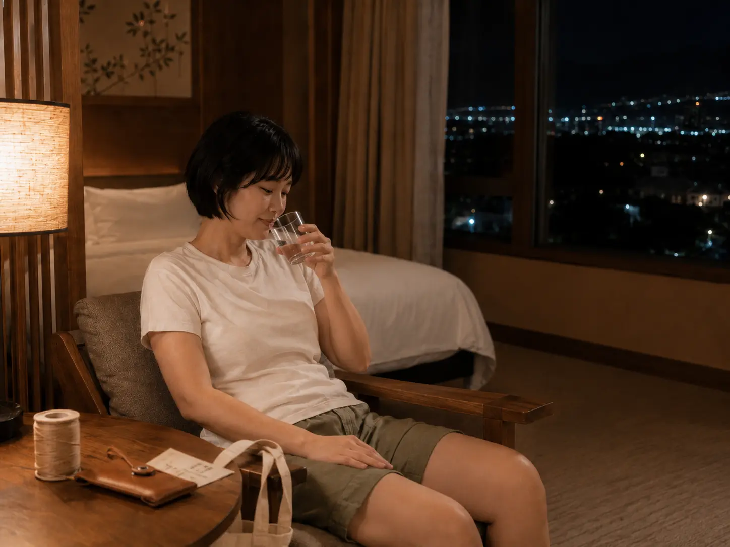 충북 단양 대명리조트 숙소에서 홈케어를 준비한 로컬 에디터 지우가 물을 마시며 잠시 쉬는 장면