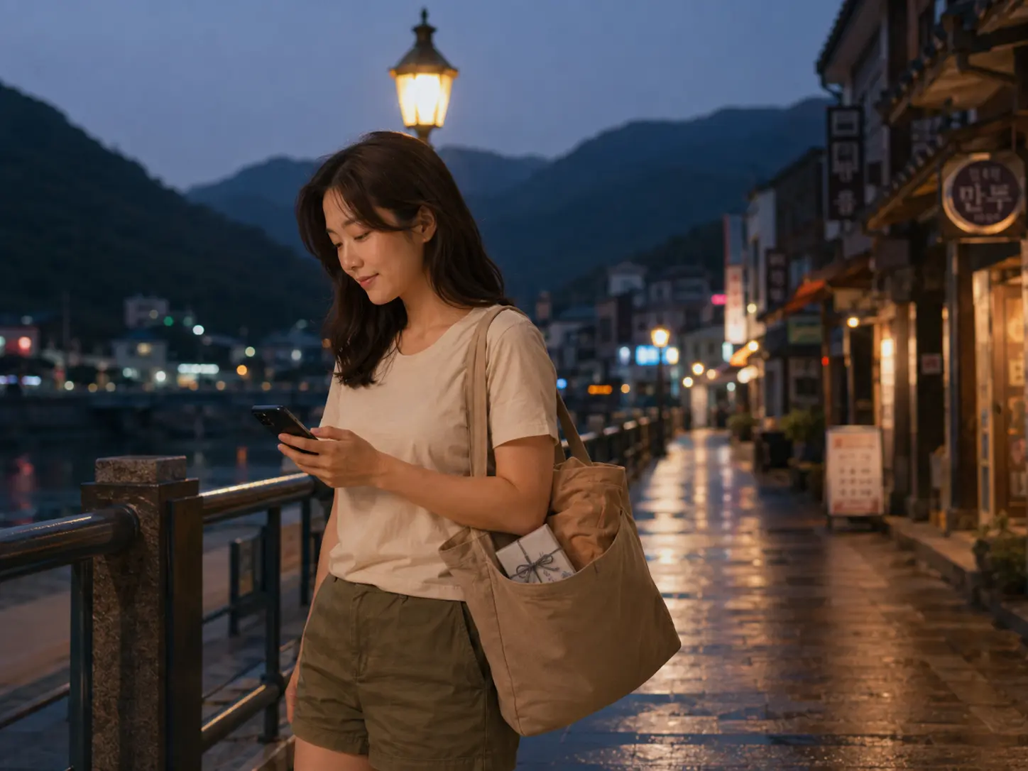 비가 그친 저녁 충북 단양 구경시장 인근 남한강 강변에서 로컬 에디터 하람이 소백산 숙소 이동 경로를 확인하는 장면