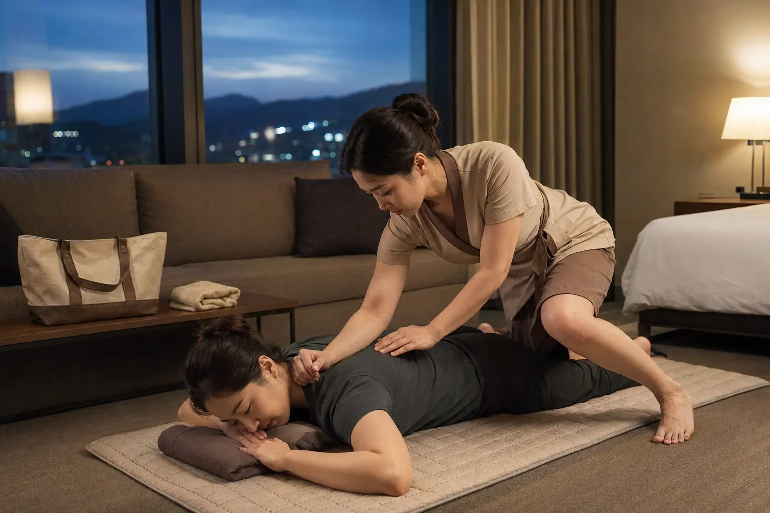 충북 음성 대소면 숙소에서 치마형 랩 유니폼을 입은 20대 후반 여성 관리사가 엎드린 로컬 에디터 민서의 등과 견갑을 깊게 관리하는 넓은 구도의 장면
