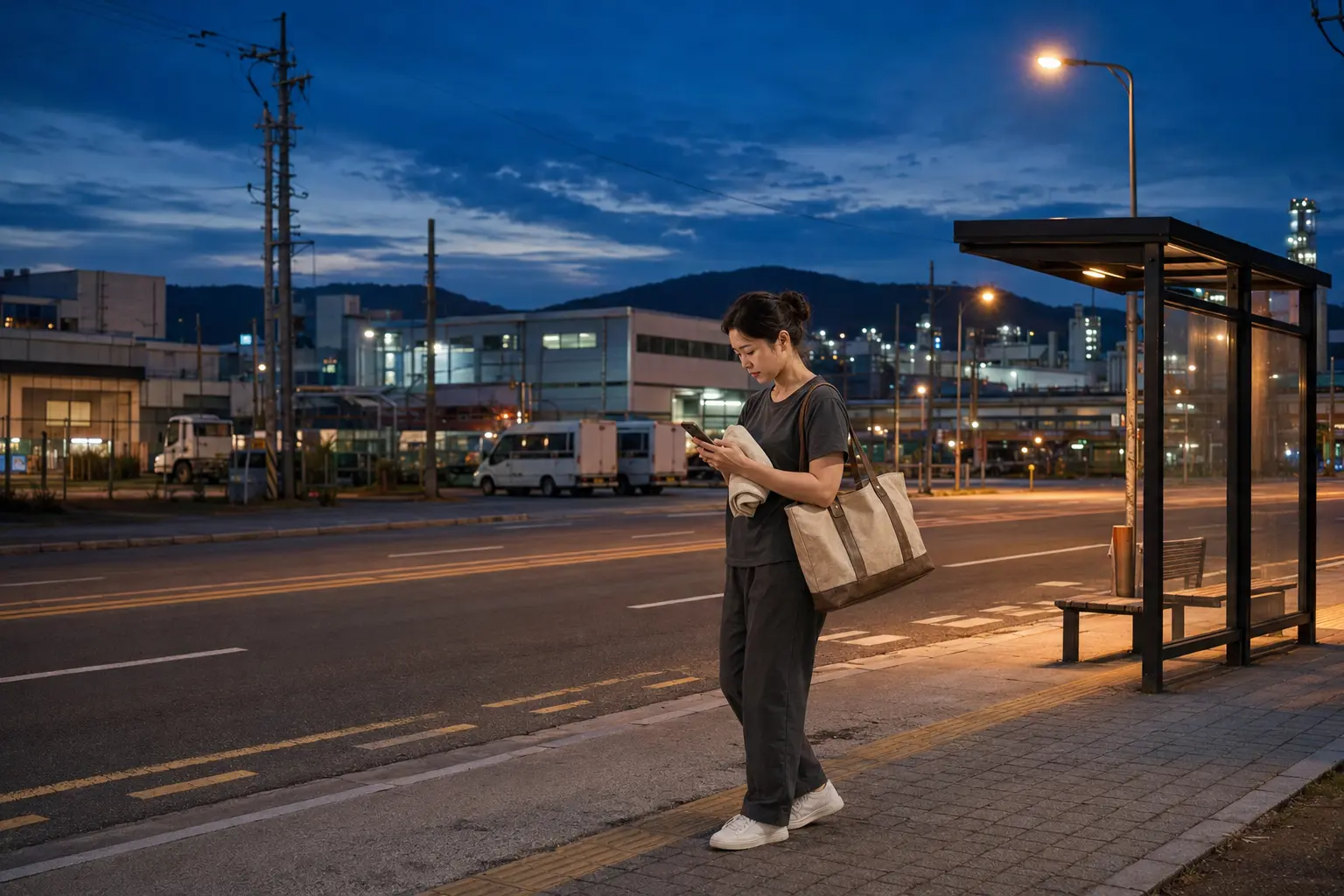 해 질 무렵 충북 음성 금왕·대소·맹동 산업단지 인근에서 로컬 에디터 민서가 휴대전화로 대소면 숙소 이동 경로를 확인하는 장면