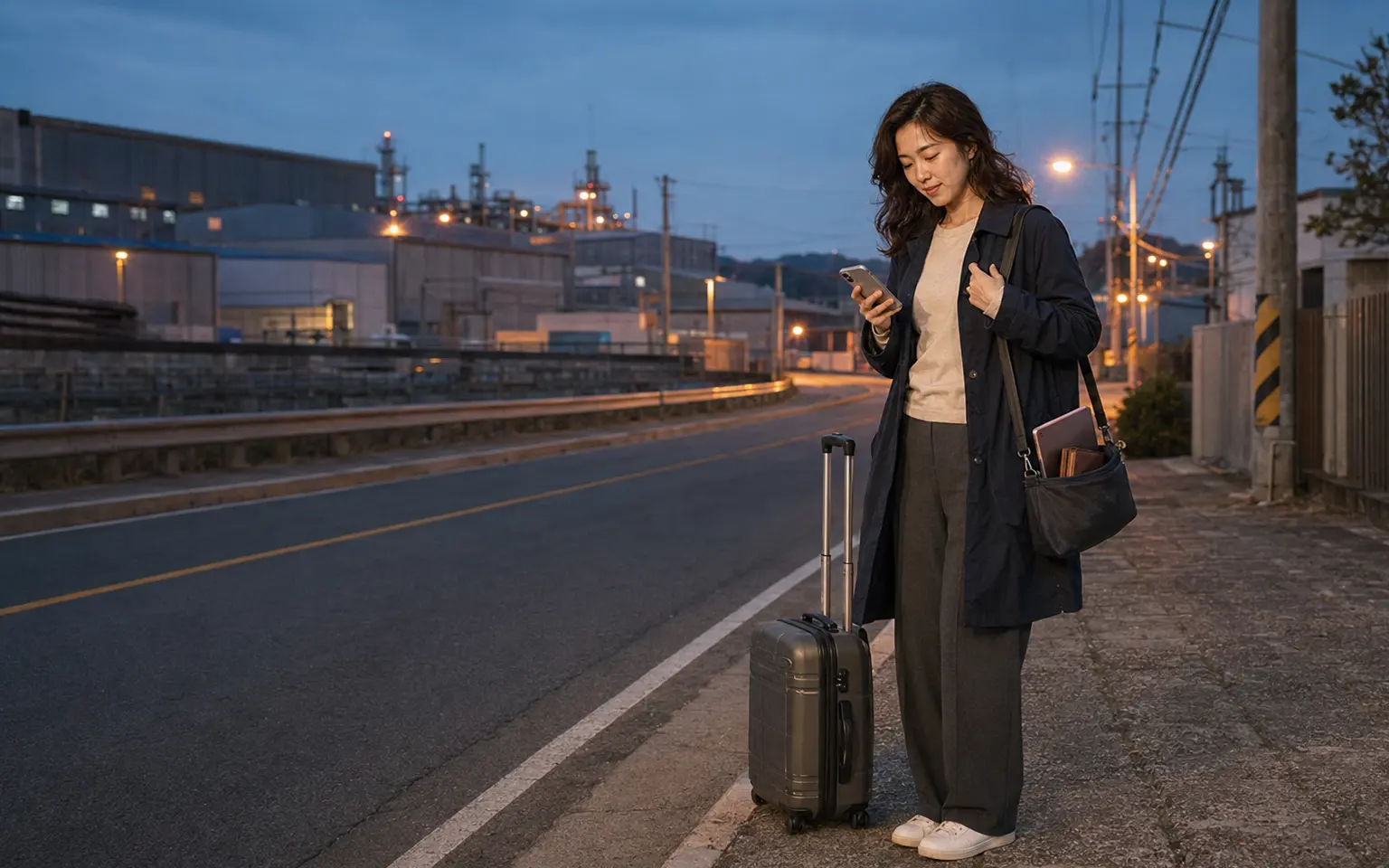 해 질 무렵 충북 음성 금왕·대소·맹동 산업단지 인근에서 로컬 에디터 하람이 삼성면 숙소 이동 경로를 확인하는 장면