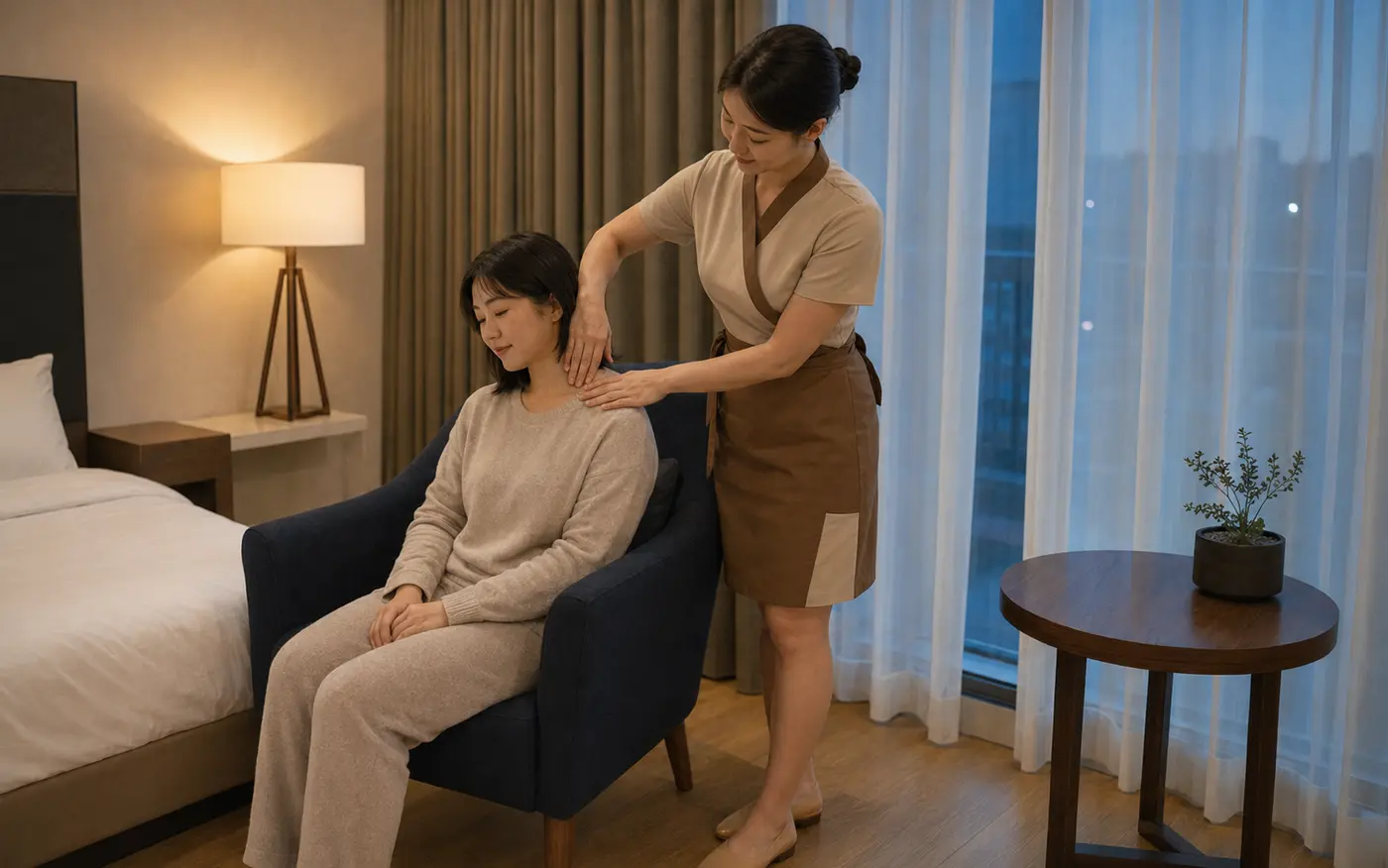 같은 충북혁신도시 숙소 창가에서 같은 치마형 랩 유니폼의 여성 관리사가 로컬 에디터 지안의 목에서 어깨 바깥쪽으로 부드럽게 압력을 이어 가는 장면