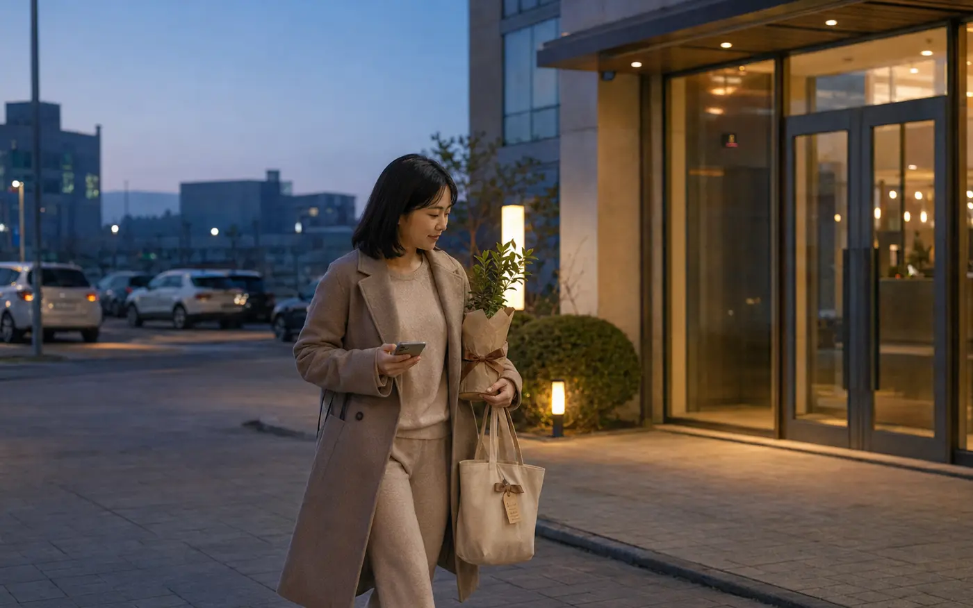 해 질 무렵 화분과 가방을 든 로컬 에디터 지안이 충북 음성 맹동면 일정을 마치고 충북혁신도시 숙소에 도착하는 장면
