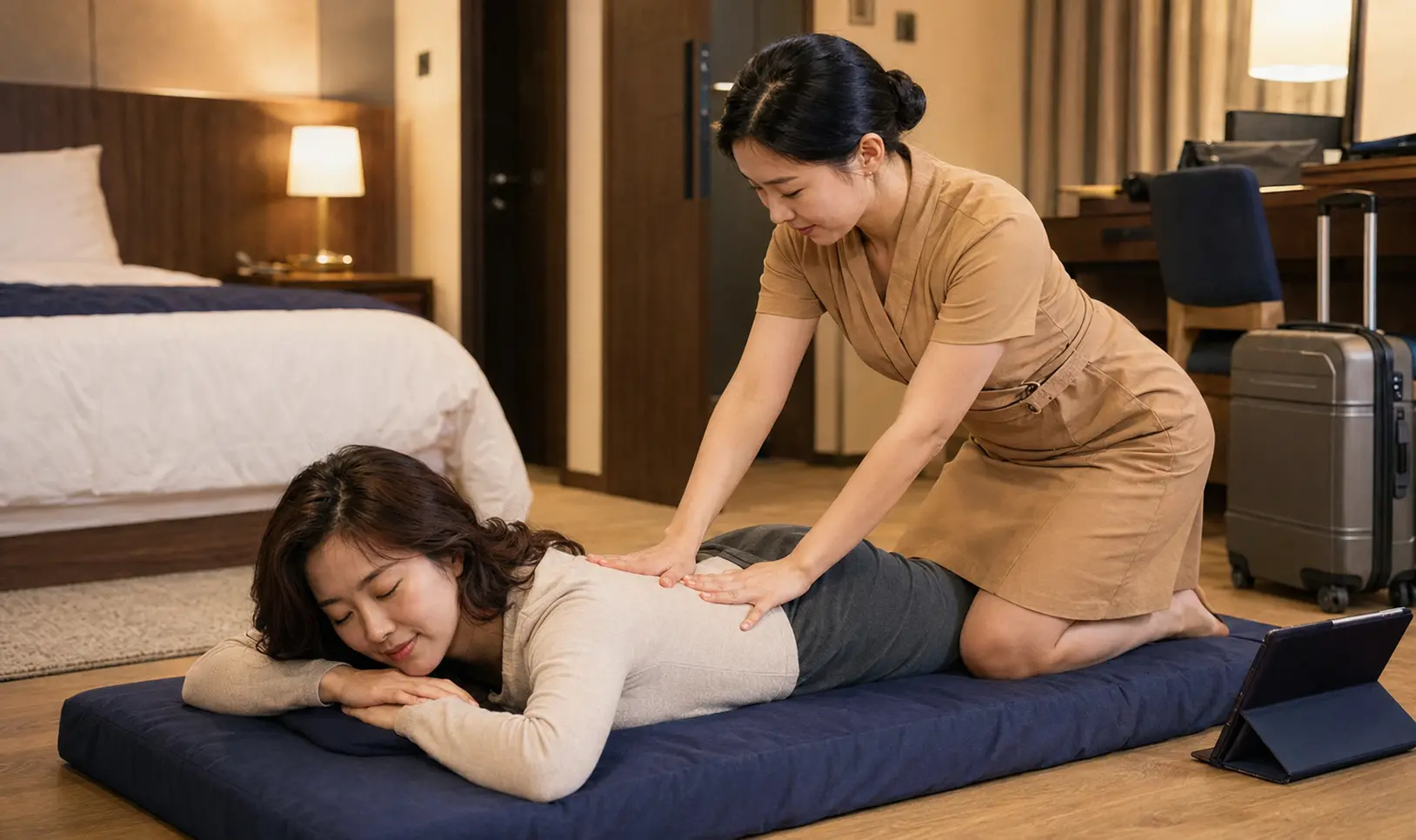 충북 음성 삼성면 숙소에서 치마형 랩 유니폼을 입은 20대 후반 여성 관리사가 엎드린 로컬 에디터 하람의 견갑과 등을 양손으로 관리하는 넓은 구도의 장면