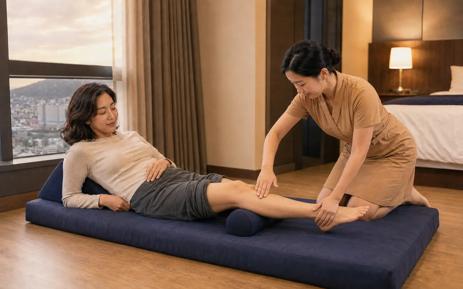 같은 충북 음성 삼성면 숙소 창가에서 같은 치마형 랩 유니폼의 여성 관리사가 로컬 에디터 하람의 발목을 받치며 종아리를 부드럽게 관리하는 장면