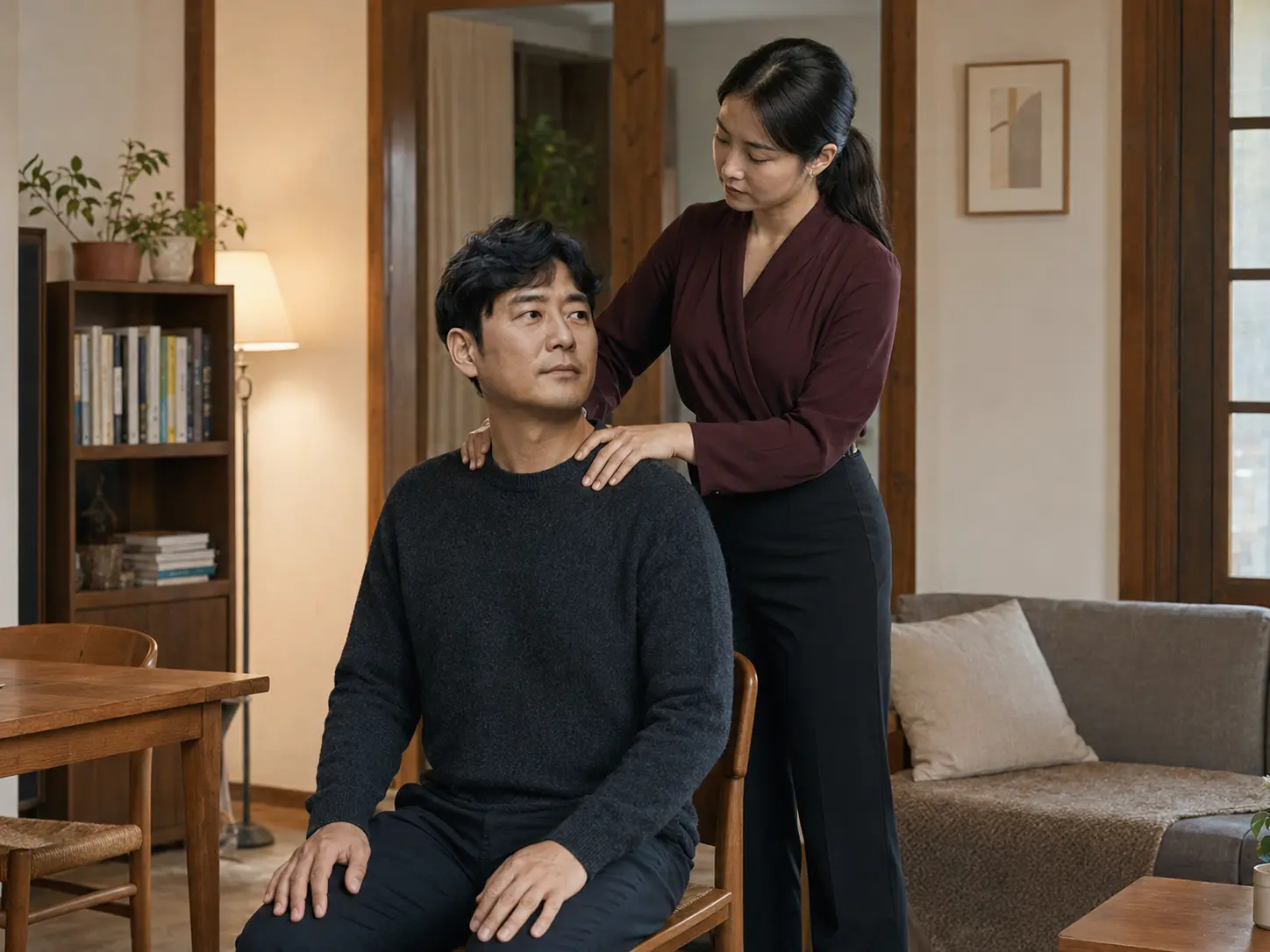 미아동 자택에서 여성 관리사에게 목과 어깨 관리를 받는 남성 로컬 에디터 준호