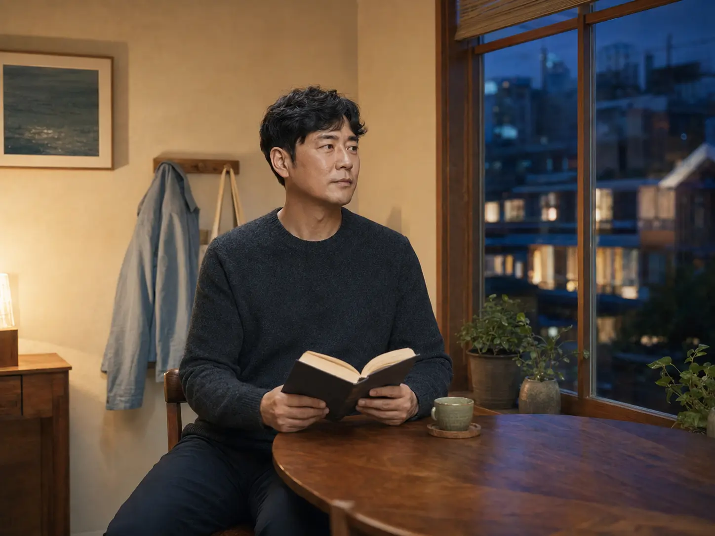 미아동 자택에서 책과 차를 두고 쉬는 같은 남성 로컬 에디터 준호